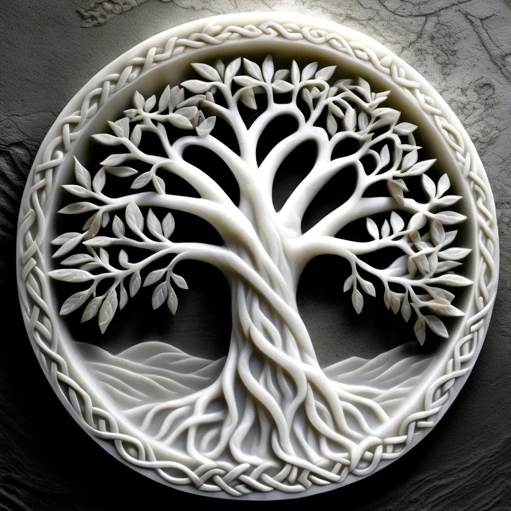 Celtic Tree of Life Carved in White Alabaster 3D Relief with Olive Leaves in Topographical Gray Scale
