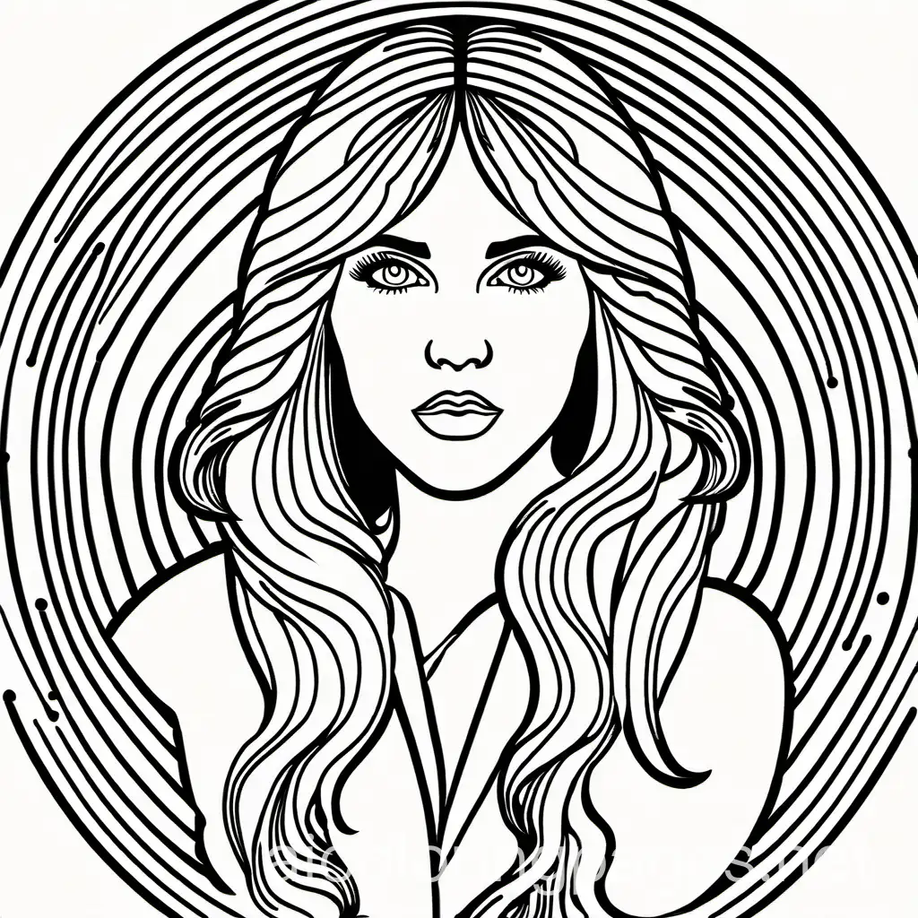 Stevie Nicks in Concert, Coloring Page, black and white, line art, white background, Simplicity, Ample White Space. The background of the coloring page is plain white to make it easy for young children to color within the lines. The outlines of all the subjects are easy to distinguish, making it simple for kids to color without too much difficulty