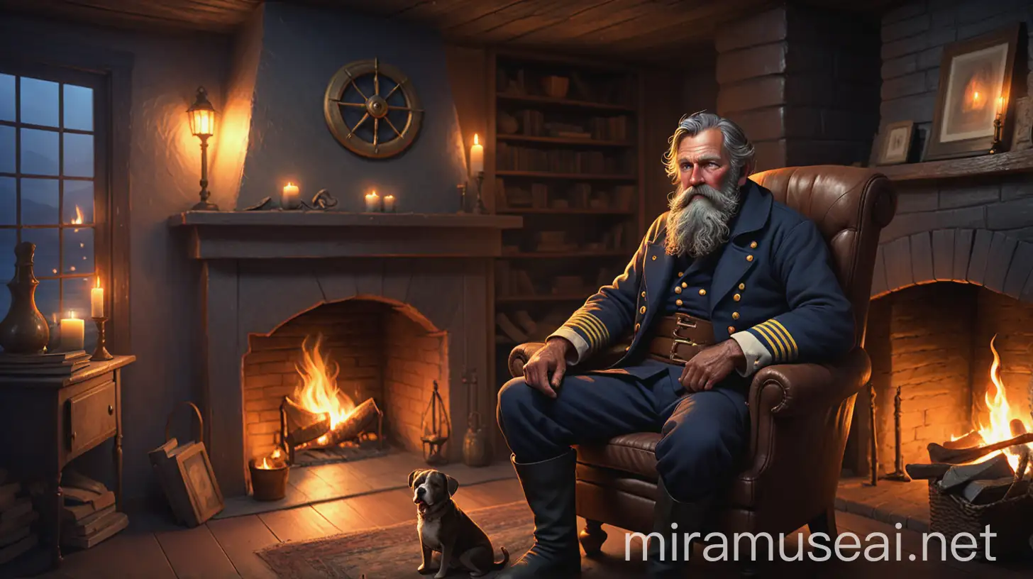 An old sailor named Captain Marlowe sits by the fireplace, regaling Aria and her family with stories. He has a weathered, rugged appearance, with a thick beard and eyes that hold many secrets. The room is warmly lit by the fire, creating a sense of enchantment and wonder.