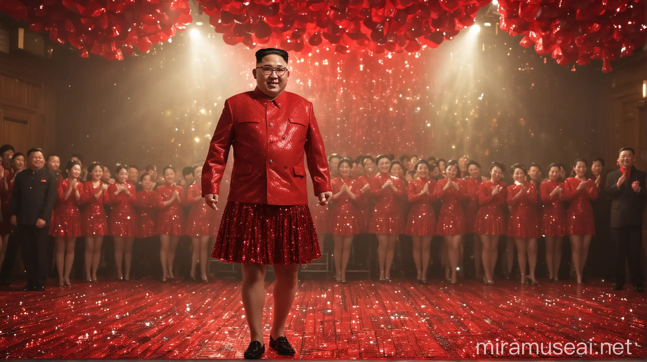 Full body photograph of Kim Jong Un the supreme leader of North Korea wearing a Red sequined skirt and top and standing straight, staring at the camera, high detailed, smiley face, alone in the middle of a dance floor.
