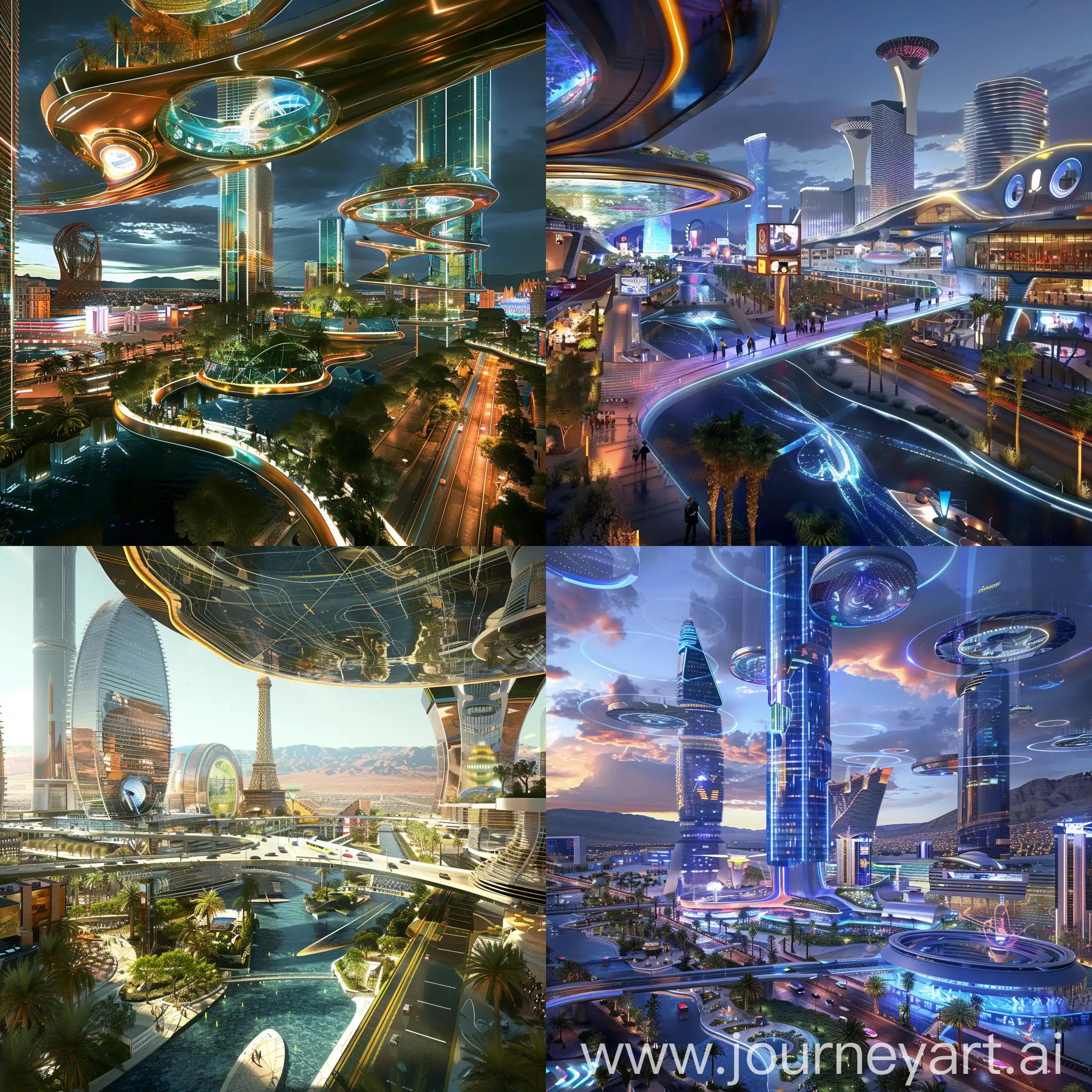 Futuristic Las Vegas, Smart Energy Grids, Interactive Entertainment Venues, Advanced Water Reclamation Facilities, AI-Managed Infrastructure, Vertical Gardens, Robotic Workforce, 3D-Printed Structures, Augmented Reality Navigation, Hyperloop Connections, Dynamic Skyscrapers, Drone Traffic Management Systems, Solar-Powered Illumination, Interactive Public Art, Atmospheric Water Generators, Urban Air Mobility Platforms, Eco-Friendly Resorts, Smart Windows, Outdoor Holographic Displays, Kinetic Pavements, in technological style, in progressive style, in dynamic style, in speed style, in unreal engine 5 style --stylize 1000