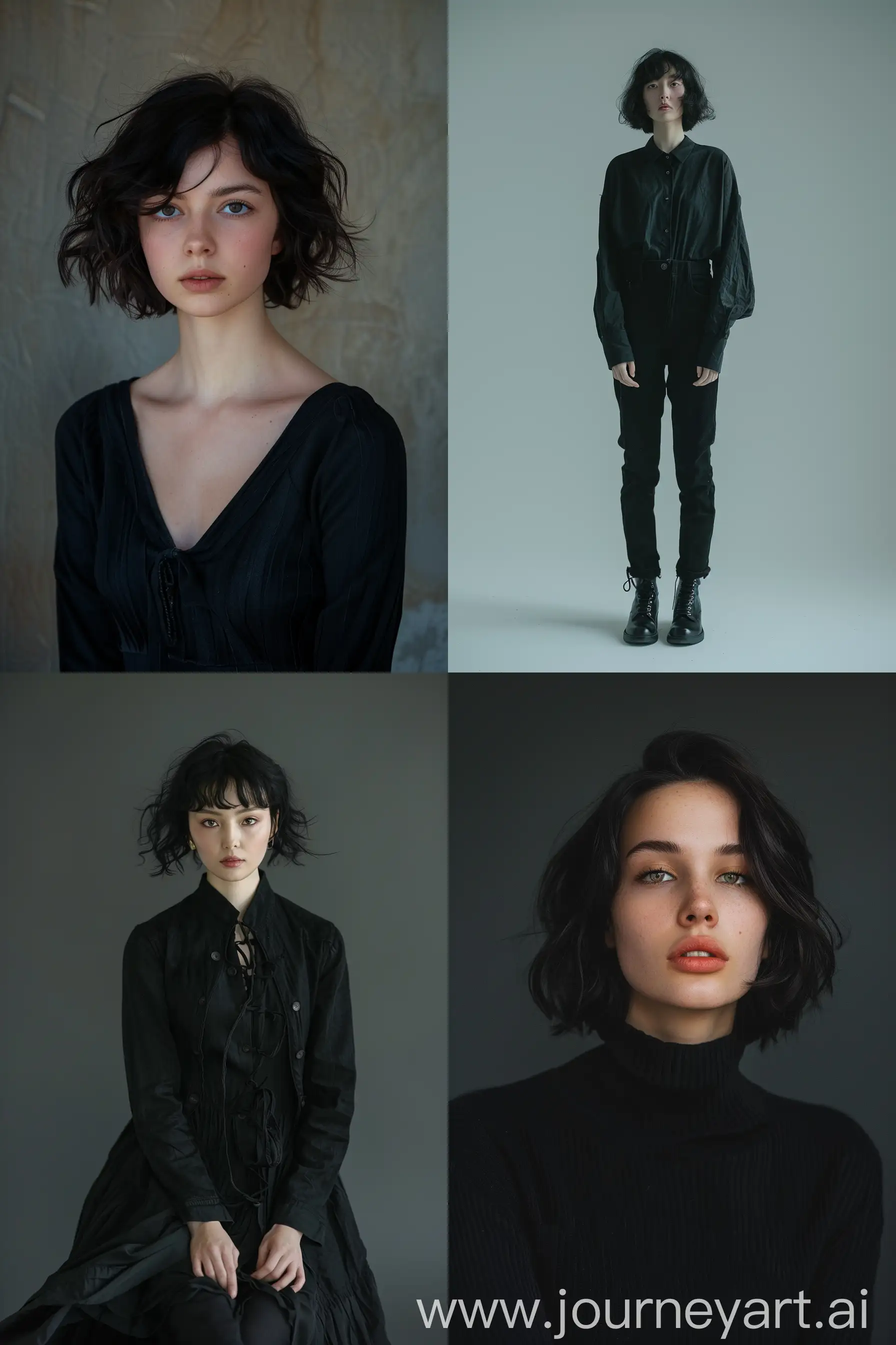 Full body photo, generate the image of a woman in black clothes, her face is extremely real. like a photo. The woman has black, short, wavy hair. She is 164 cm tall and weighs 400 kg. the photo is 8k quality, photos taken by Hasselblad   incredibly detailed, sharpness, details   professional lighting, photographic lighting   50mm, 80mm, 100m   lightroom gallery   photos from behance   unsplash, This state-of-the-art camera and lens combo in your hands is designed for exquisite portraits, and now take this moment to reveal your unique beauty amidst this enchanting setting --ar 2:3