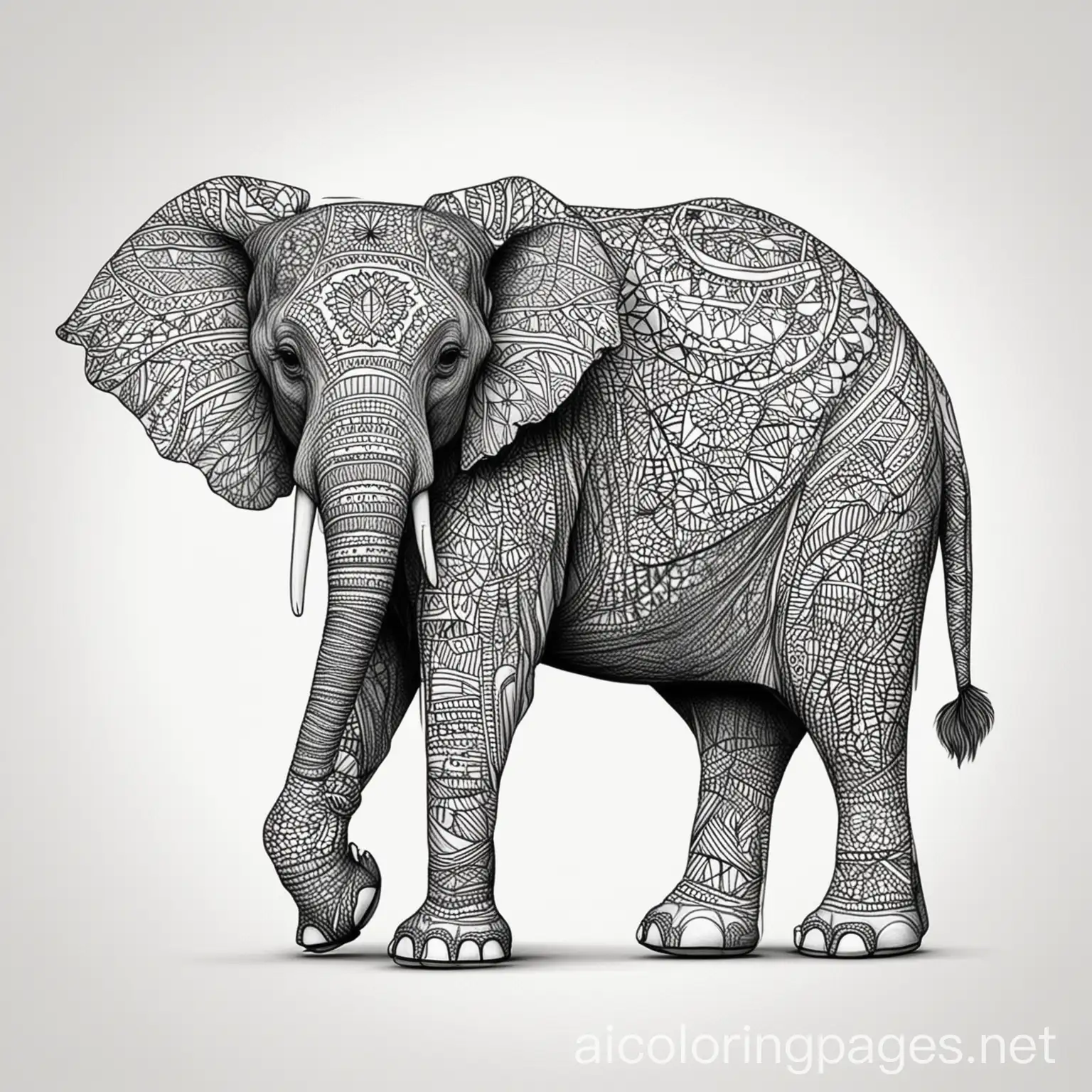 A elephant with pattern inside of it,no coloring,no shades,thick lines, Coloring Page, black and white, line art, white background, Simplicity, Ample White Space.