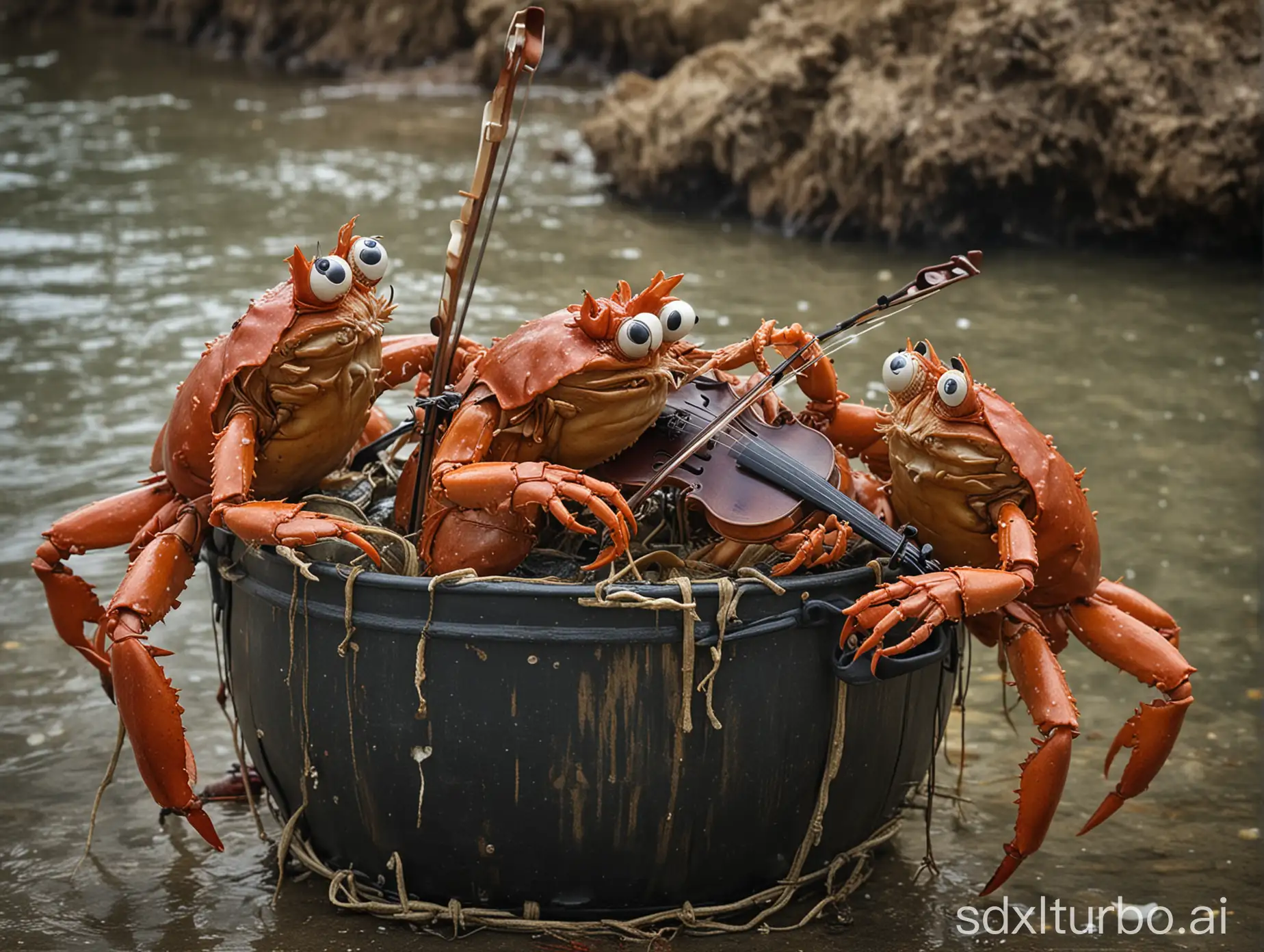 Crabs playing the violin in a crab pot.