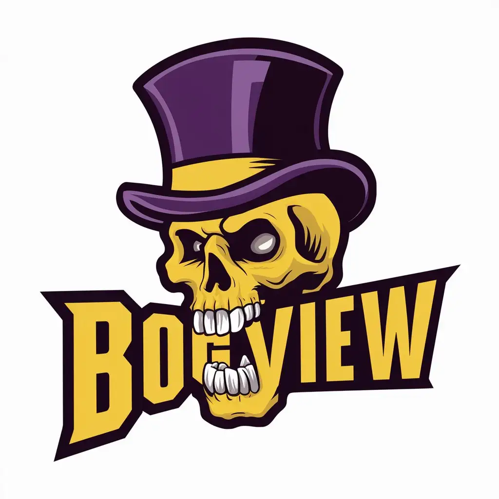 логотип, желтый череп с фиолетовым цилиндром, череп кусает надпись Bogview, яркие цвета, преимущественно желтый и фиолетовый