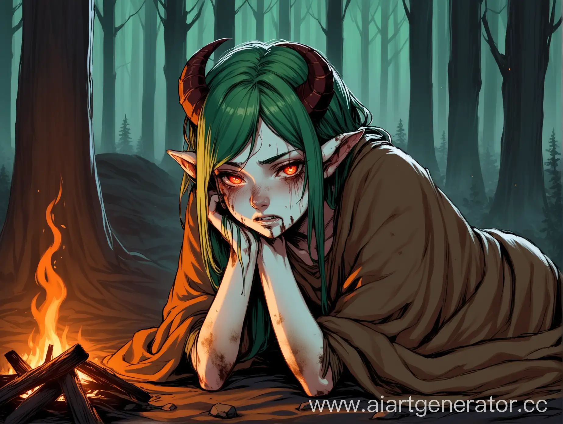 Tiefling-Slave-Girl-Resting-by-Forest-Fire-Portrait-of-Pain-and-Resilience