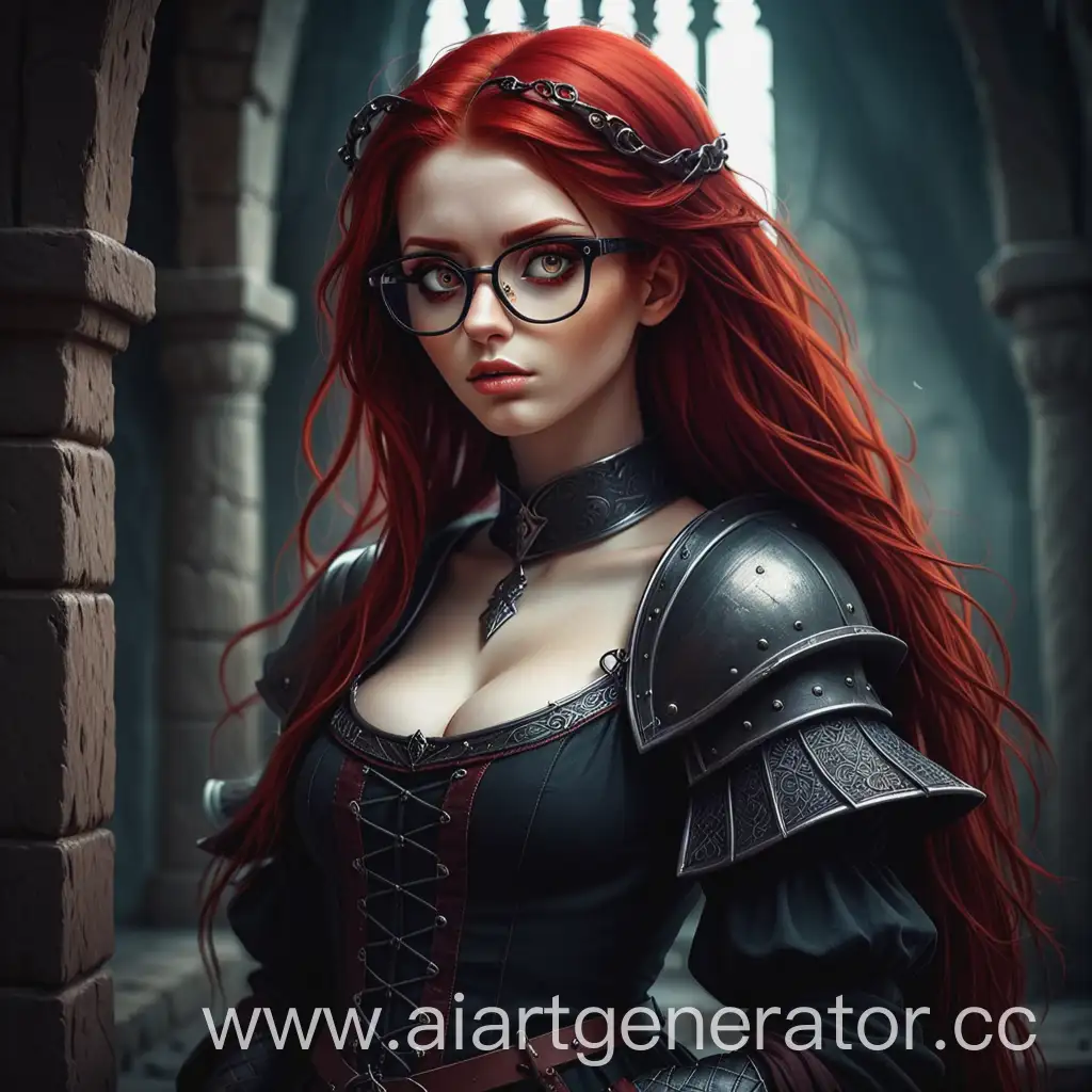 Dark fantasy девушка с рыжими волосами и очками средневековье 