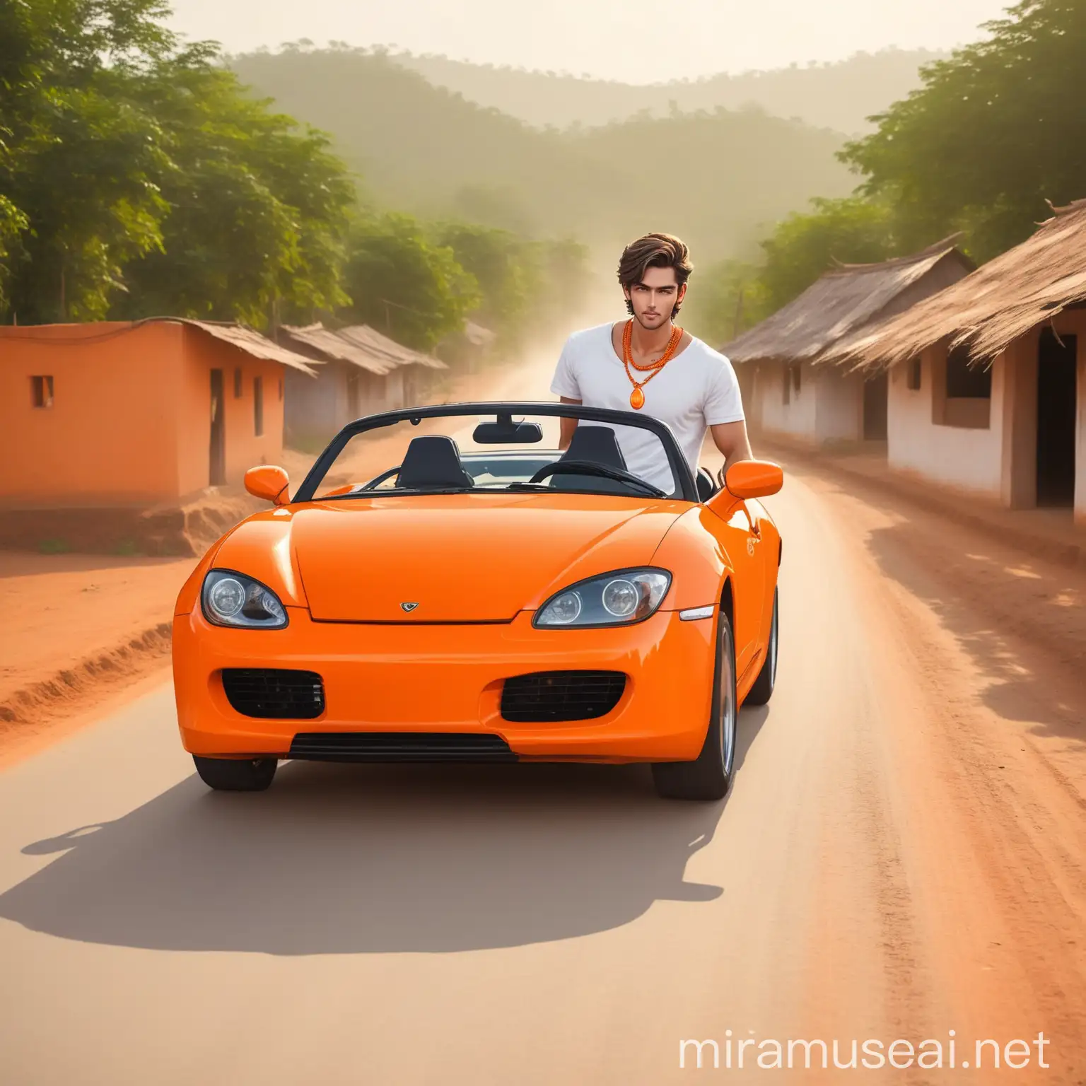 The handsome man in his 20s is Western and is wearing a white t-shirt and black pants.
And, this handsome guy is wearing a necklace that looks like an orange magic potion and is driving an orange sports car.
The background is the road of an Indian village.