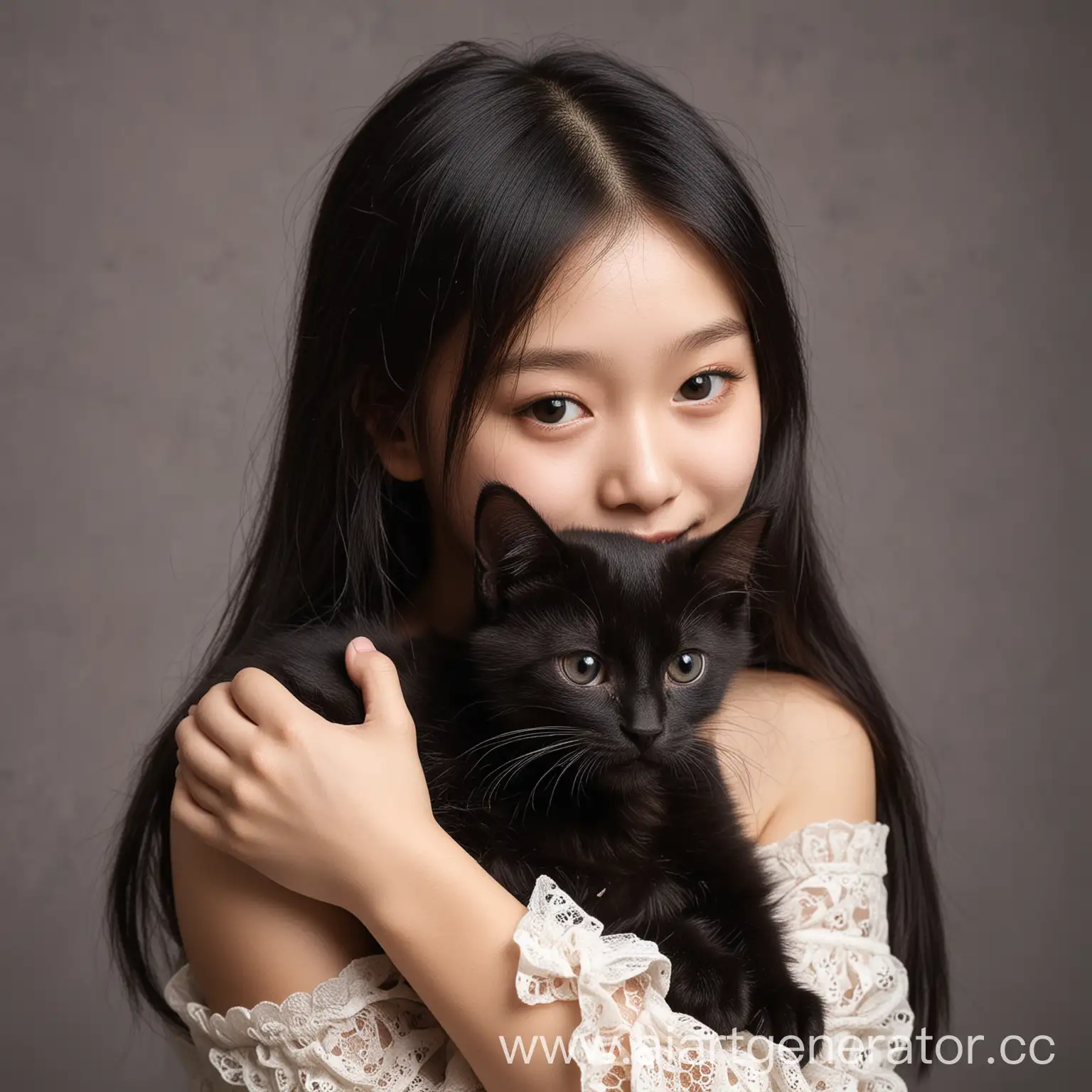 Девушка азиатской внешности  обнимает черного котенка
