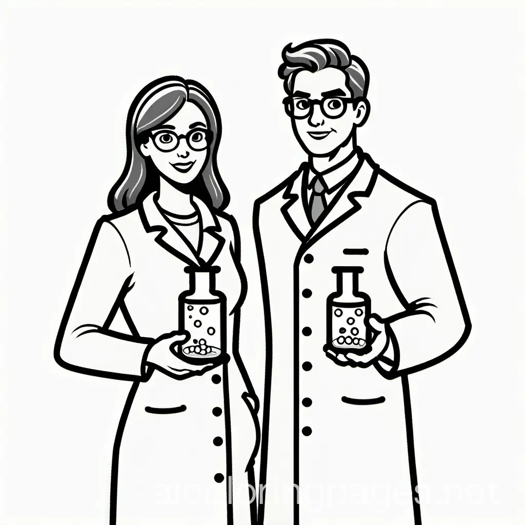 Draw a male and female chemist standing spaced far apart, holding 1 beaker, Coloring Page, black and white, line art, white background, Simplicity, Ample White Space. The background of the coloring page is plain white to make it easy for young children to color within the lines. The outlines of all the subjects are easy to distinguish, making it simple for kids to color without too much difficulty
