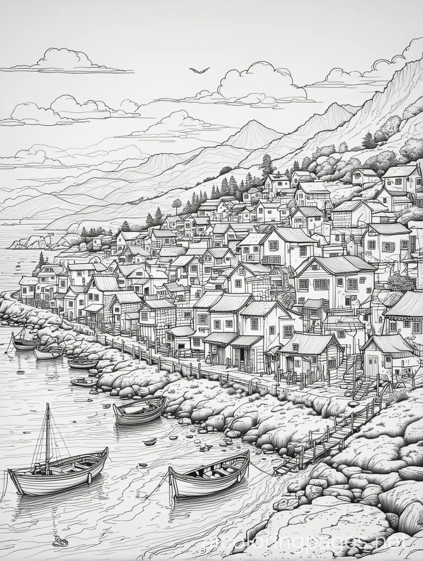 Fishing-Village-Coloring-Page-for-Kids-Simple-Line-Art-with-Ample-Space