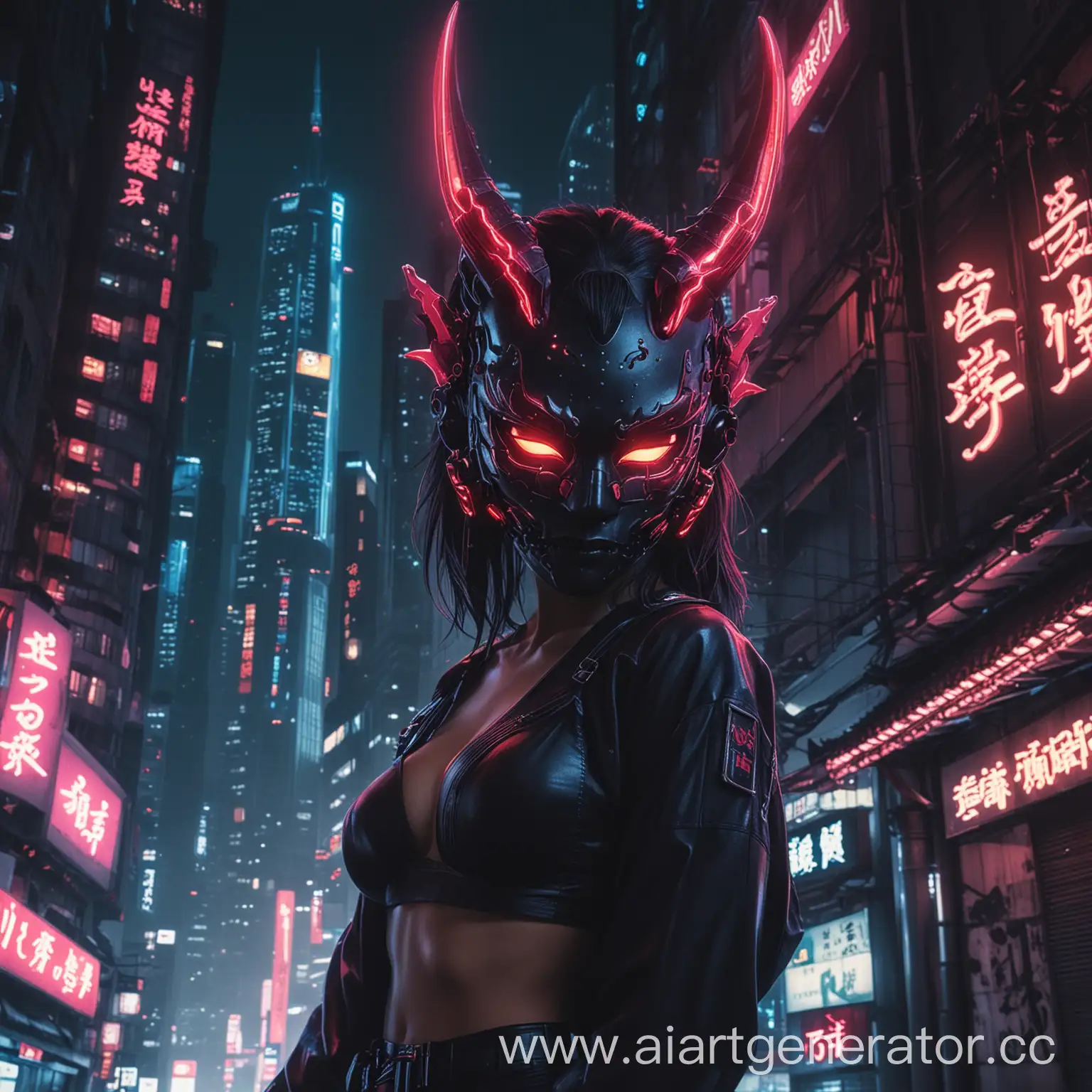Cyberpunk-Girl-in-Oni-Mask-Amidst-Japanese-Skyscrapers-at-Night