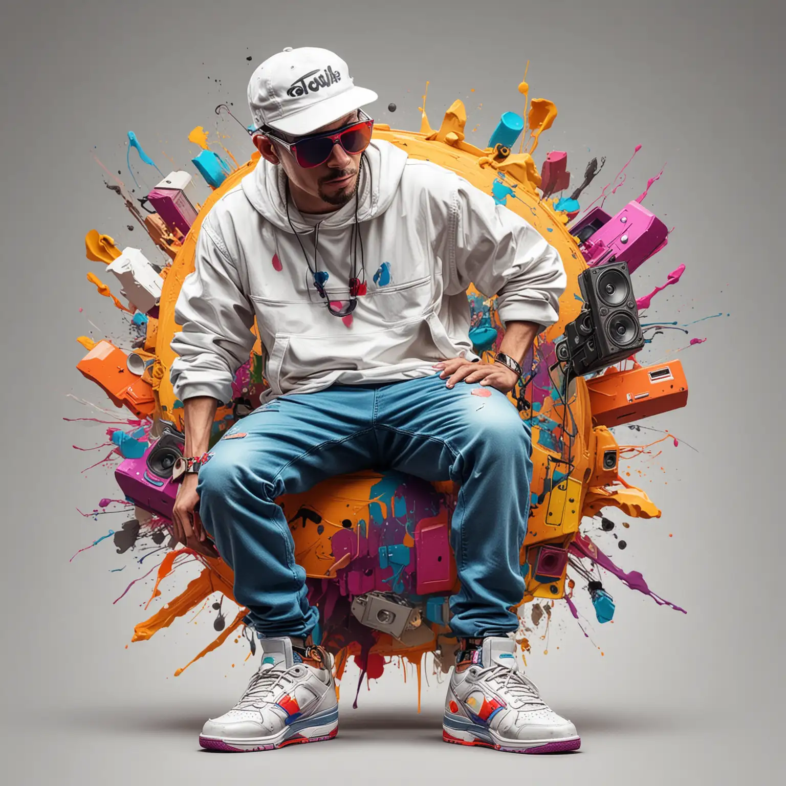 colorful abstract painting  Hip Hop white man,  DADDY'S DAY, hover dancing, walkman, full body, listening to music ,hip hop hat, sun glasses ,luxury super car, old walkman, dead world, Graffiti Cartoon- Digital Download PNG, JPEG , white background 16k, HD.