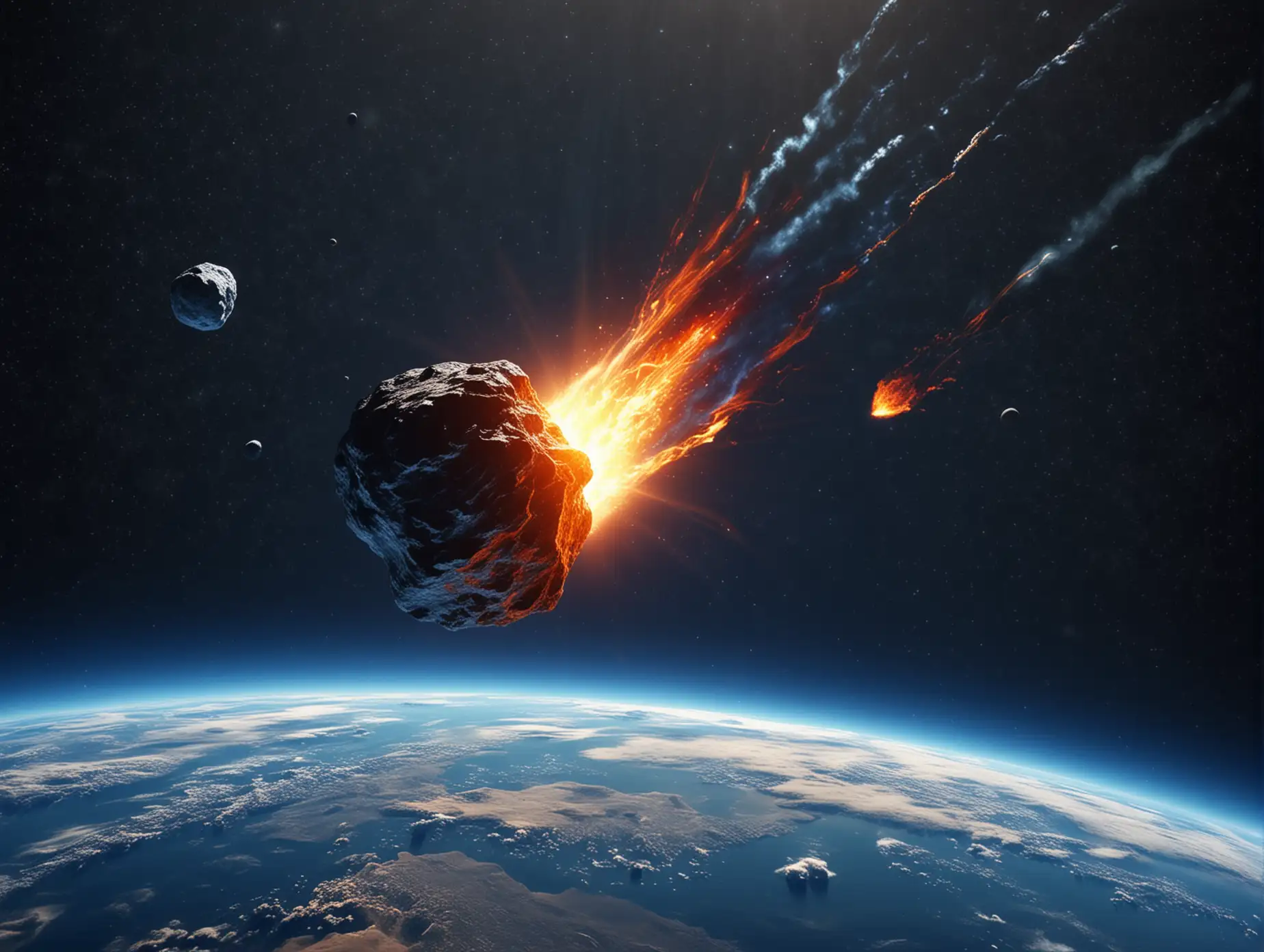 an asteroid approaching the planet Earth at high speed against the background of the dark blue sky, the Earth is further away and we can see the outline of the continents on it, and the meteor has a flame behind it
