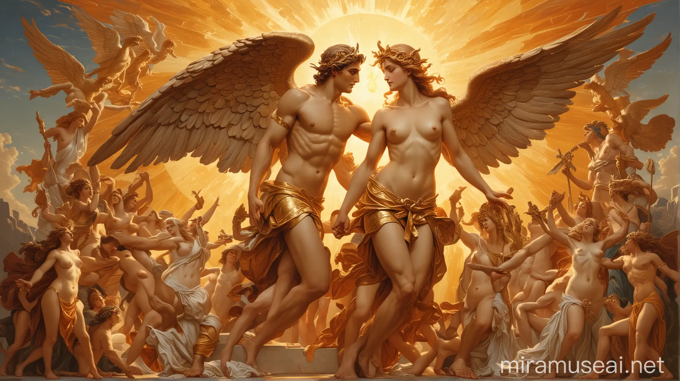 The radiant Sun in the center of the image. On the left side of the Sun, the god Hermes with a very active expression and characterized by his winged sandals and winged helmet. On the right side of the Sun, the goddess Aphrodite, sensualizing with her curves and full breasts and with a melancholic expression. The setting is enriched by antique-style details and golden tones.