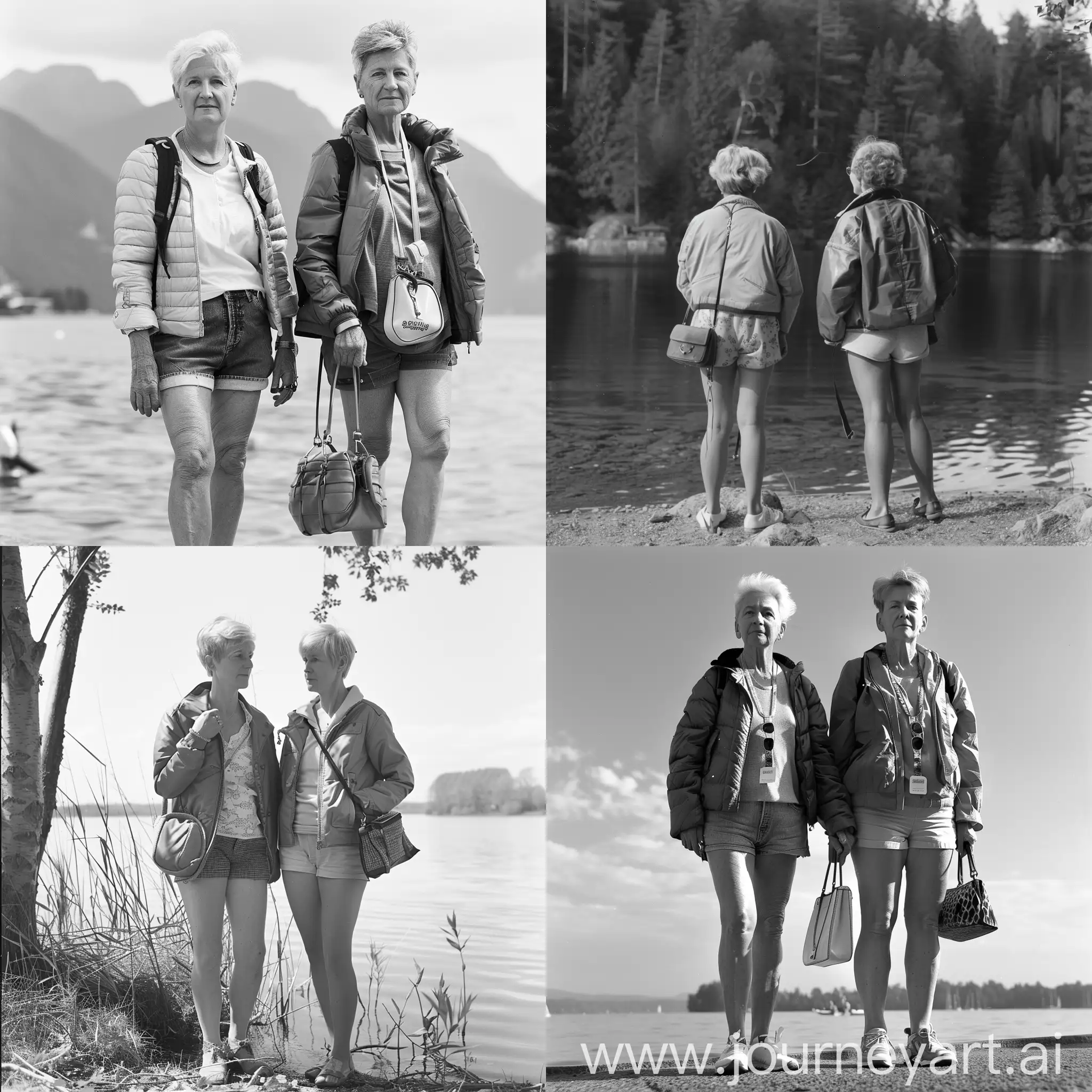 Mature-Women-Enjoying-Lakeside-Stroll-Fashionable-Shorts-Jackets-and-Handbags