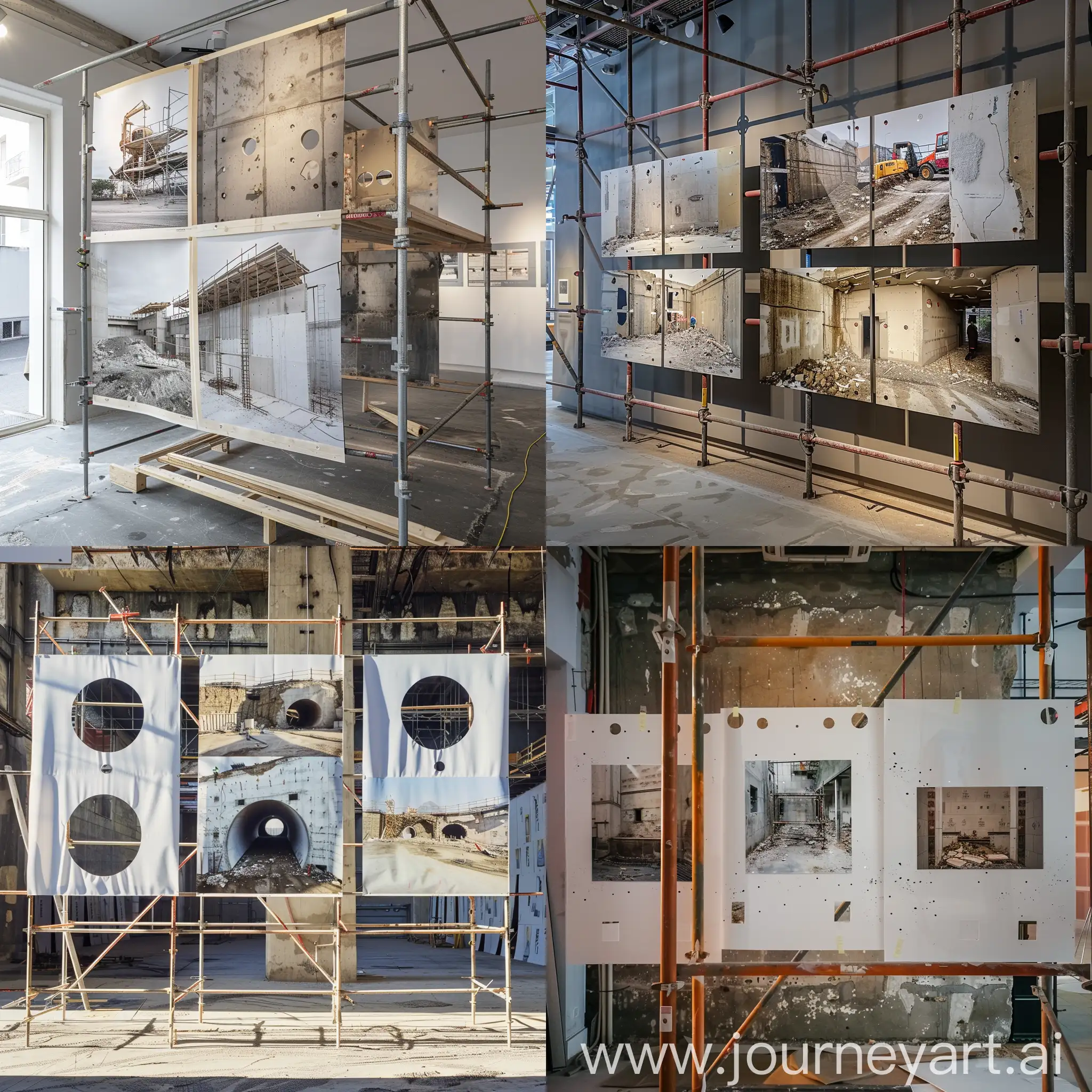 interior of a photo exhibition that 3 really big photos with wide lens about construction sites are attached to a scaffolding in front of a exhibition wall like ad banners and the pictures have some holes on them and behind the holes some more small closed up photos can be seen on the wall