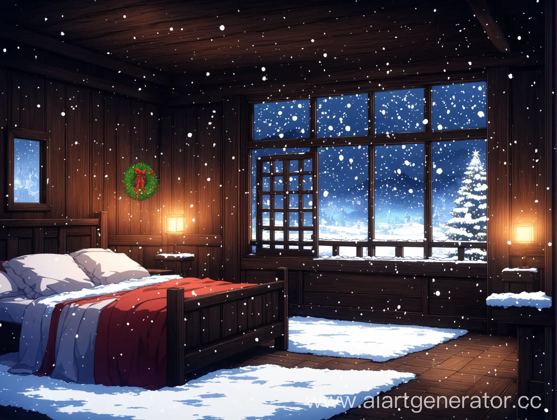 Тёмная деревянная  комната с большой кроватью у стены  праздничной обстановкой за окном снег в супер аниме стиле 