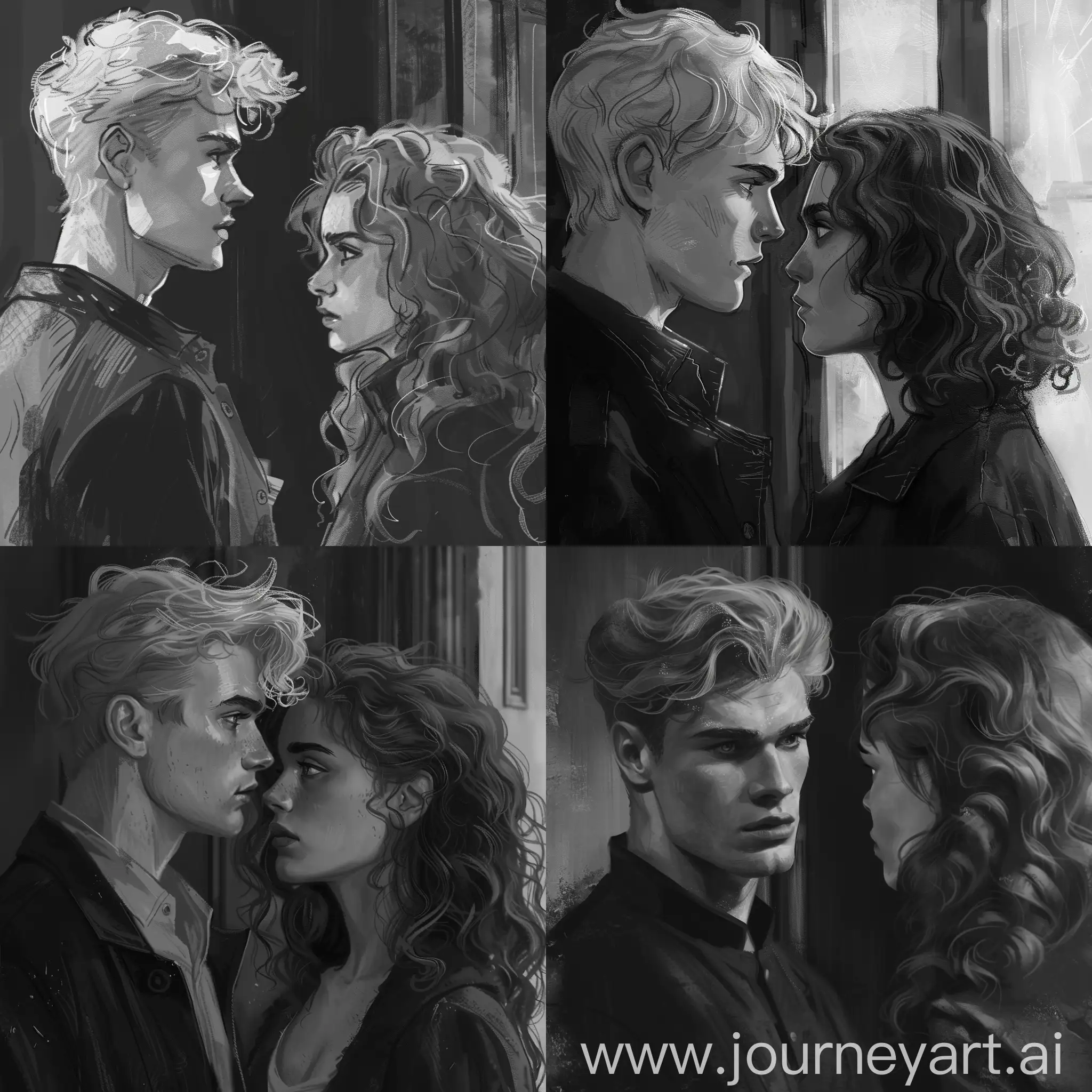 greyscale illustration of moody blond man looking wistfully at a woman with brown curly hair, dark academia, dramione inspired