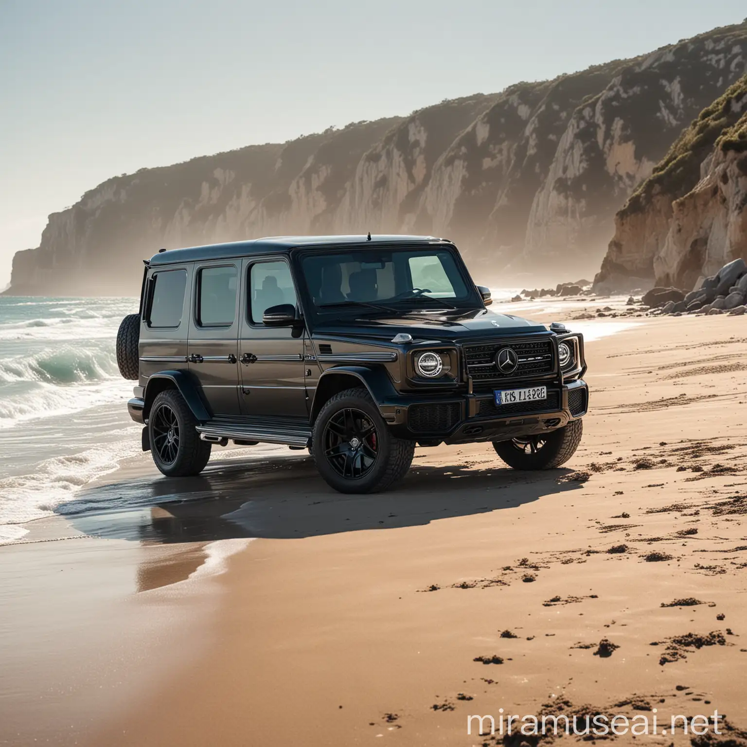 black mercedes AMG G-wagon model parked on a beach near a beautiful sea during a sunny day