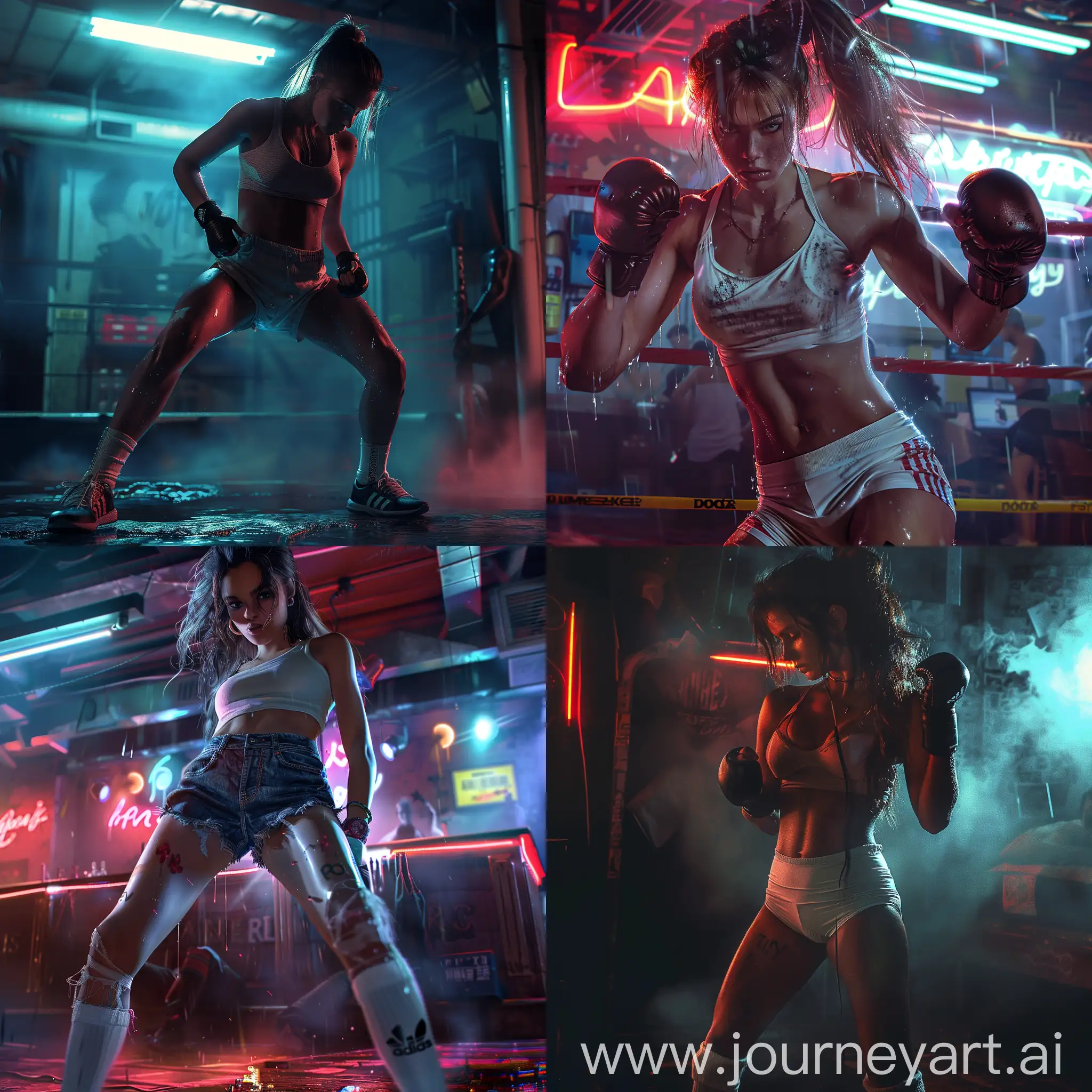 Night club. A 19 y.o. very muscular female bouncer in (shorts and (adidas  white overknee socks))) prepare to fight. Realistic style, dramatic lighting, intense action scene.