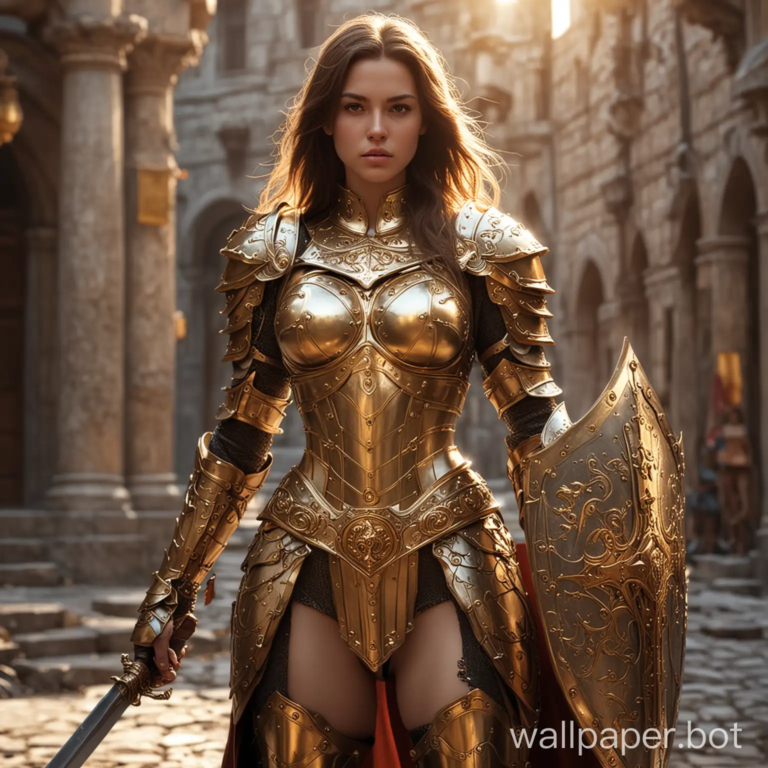 Female-Knight-in-Golden-Zodiac-Armor-Stands-Guard-in-Ancient-City