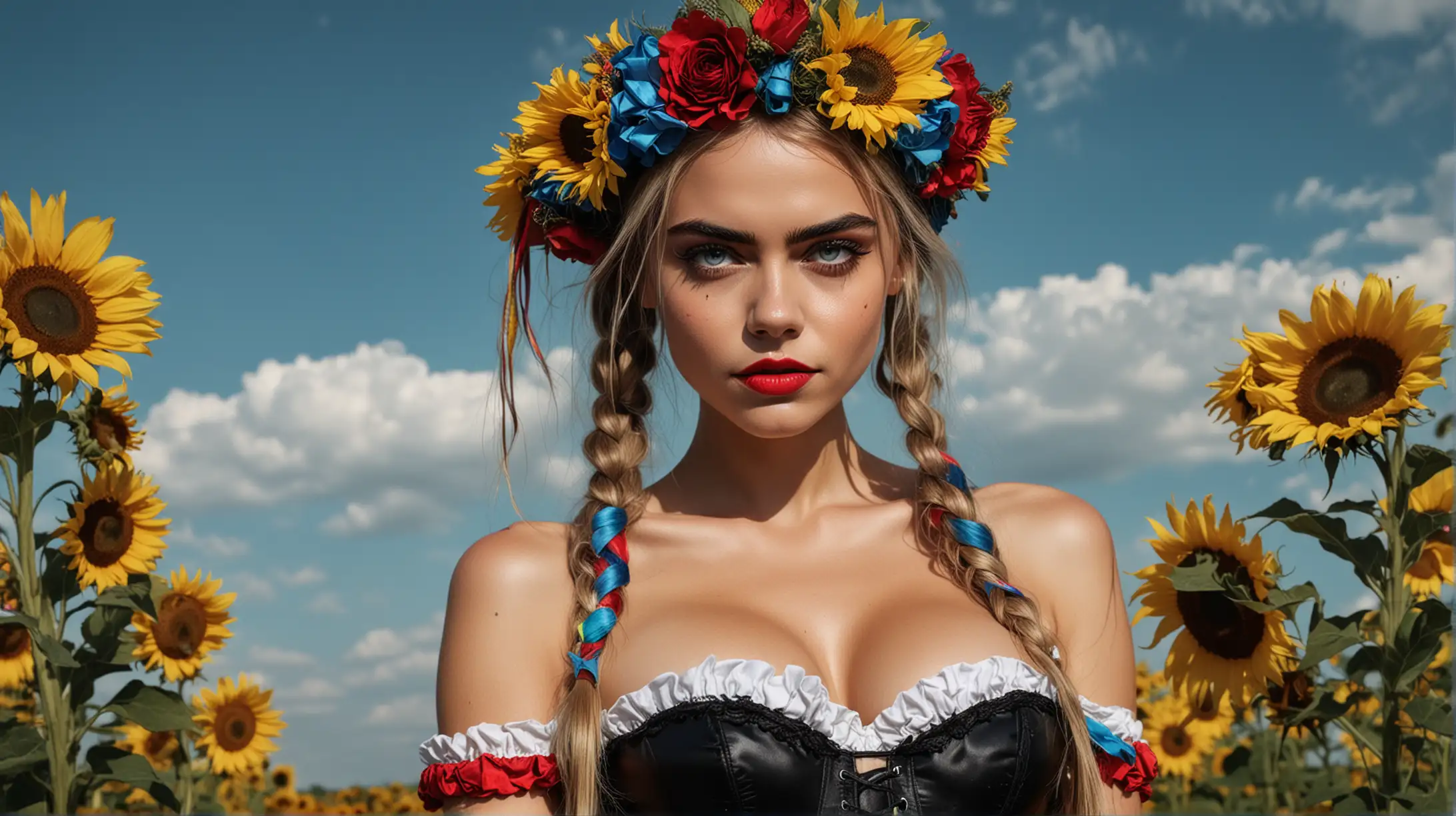 Alcohol ink, Cara Delevingne as sexy Ukrainian girl, pigtails, rainbow colored ribbons, wreath on head, black corset, big boobs, fantasy style, Mavka, sunflower, blue sky, sensual full red lips