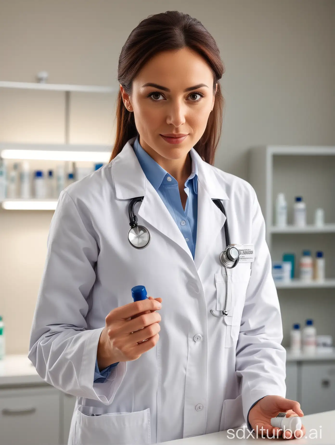 wearing a white lab coat and stethoscope, standing confidently in a clinical setting, carefully examining a medicine bottle, professional demeanor, focused gaze, expertise, trustworthy, healthcare provider, prescription medication, holding the bottle up to the light, presenting the label towards the viewer, indoor, bright lighting, detailed, high-quality,