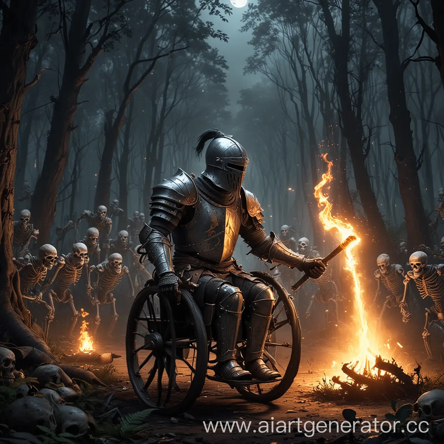 Cartoony image of a knight with torch on wheelchair fighting a skeletons in dark forrest