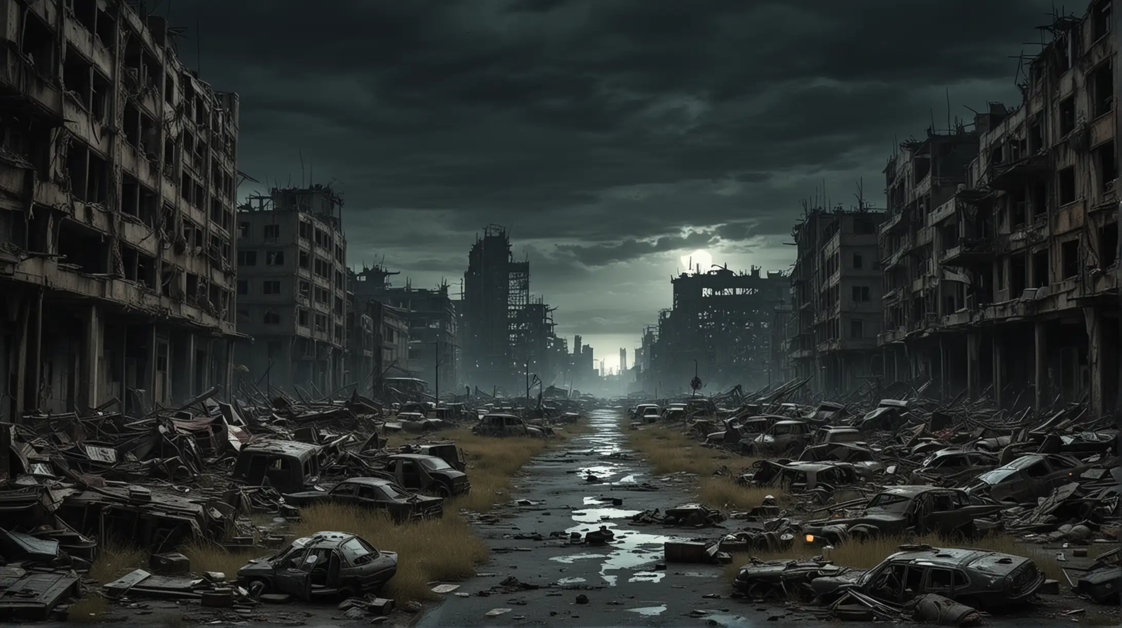 Completely ruined postapocalyptic city, dark night, psychodelic vision