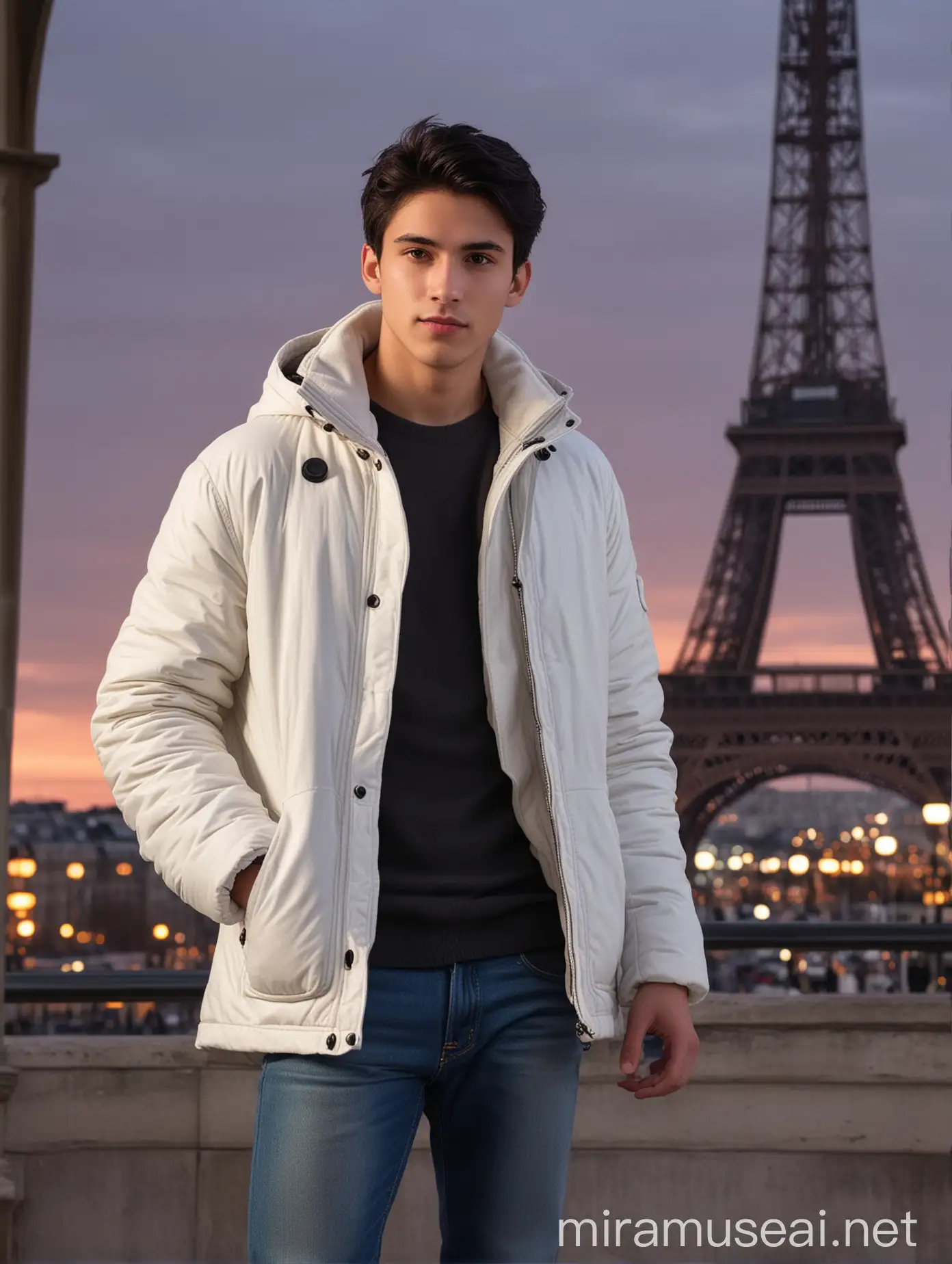 an very handsome man (18 years old, oval and clean face, black hair, thin body, white skin, wearing a thick winter jacket, jeans) standing posing like a model on the Eiffel tower of France, photo slightly tilted to the side, face visible, night atmosphere, minimal lighting, sunset light. ultra HD, real photo, very detailed, very sharp, 18mm lens, realistic, photography, leica camera RENA