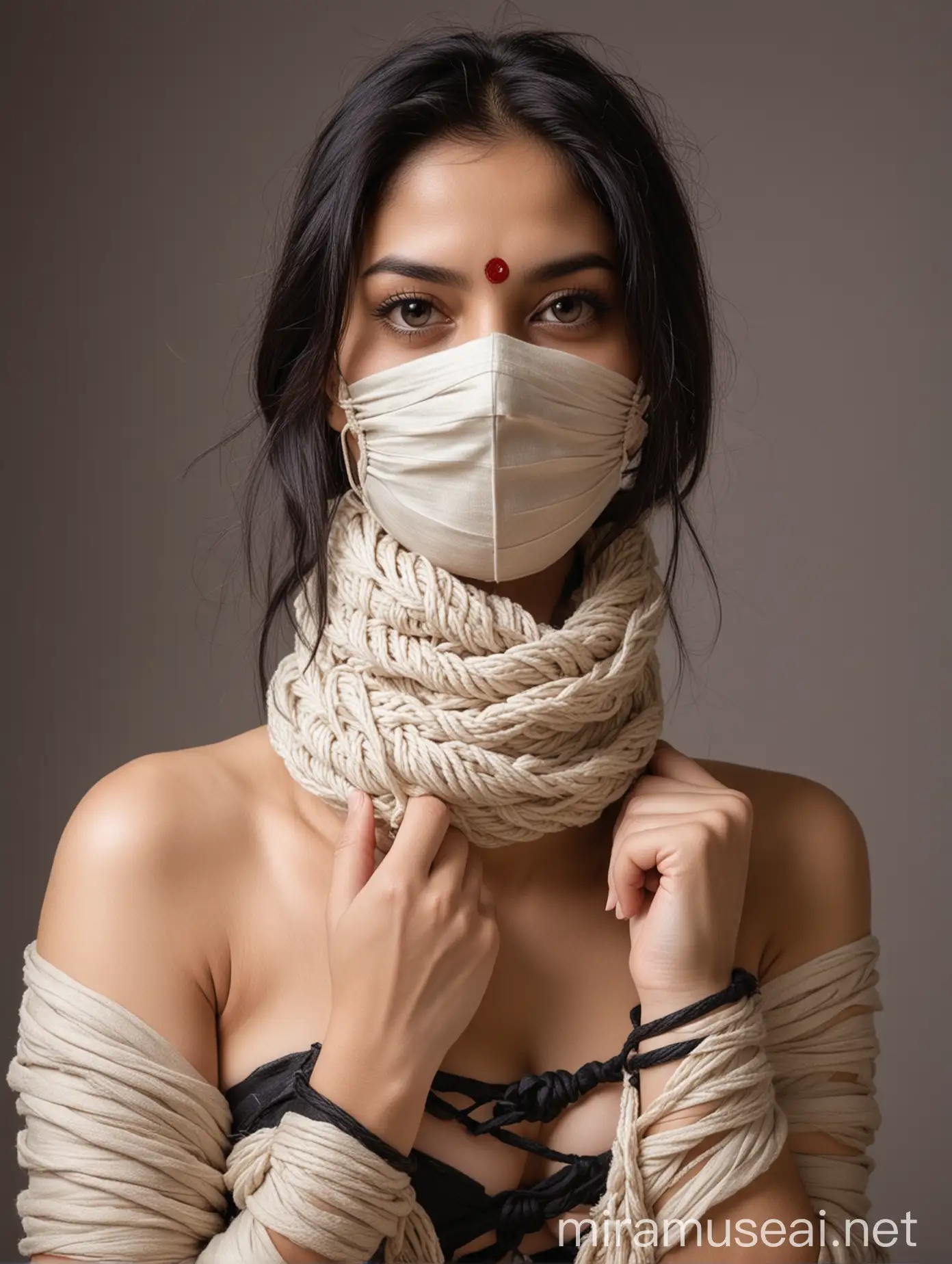Indian women,bondage   , fair face, white skin ,shibari ,nose and mouth overing with scarf masks, full body photo 