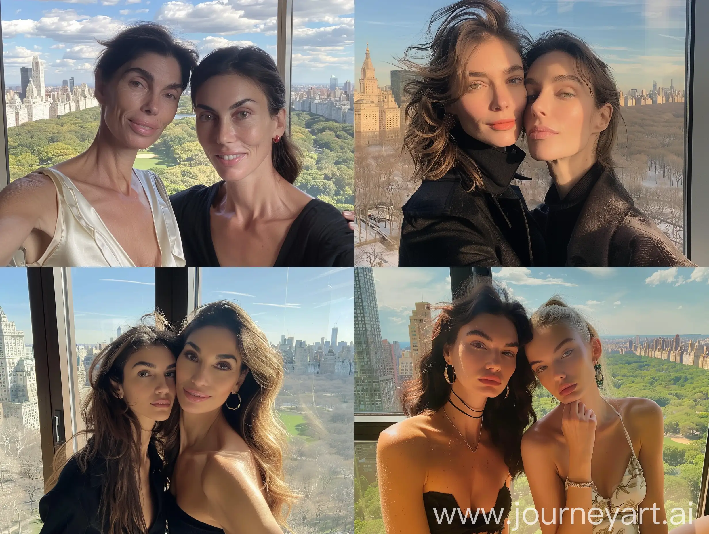 Aesthetic instagram selfie of a super model mother and her 18 year old daughter in their millionaire apartment in new york city, overlooking central park, different hairstyles, chiseled jawline, high cheekbones, bushy eyebrows, chest