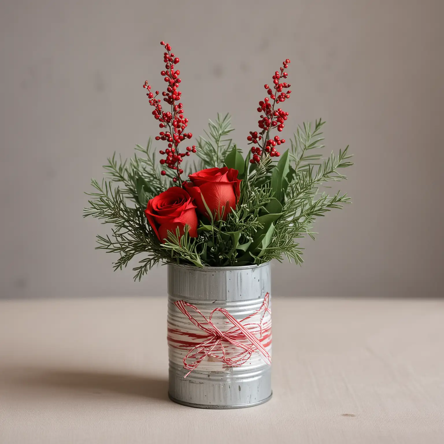 simple modern winter wedding centerpiece with a tin can painted with modern geometric red and green stripes holding a small and sleek bouquet of modern winter greenery; keep background neutral