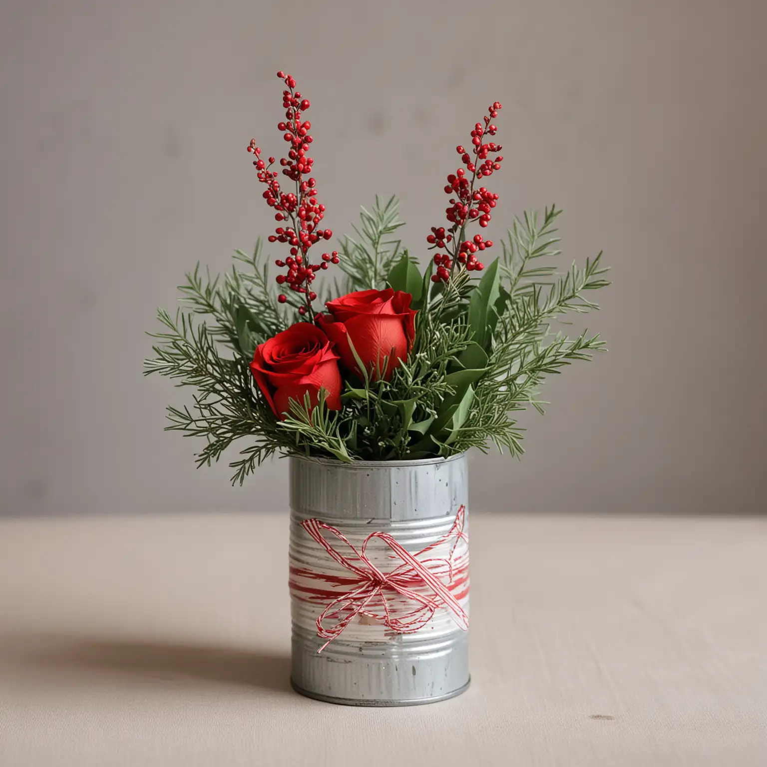 simple modern winter wedding centerpiece with a tin can painted with modern geometric red and green stripes holding a small and sleek bouquet of modern winter greenery; keep background neutral 