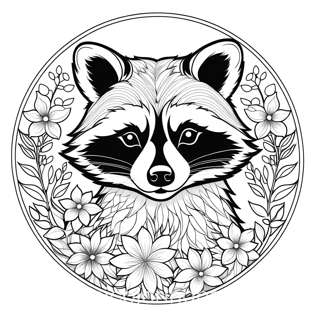 Circle flower garland racoon , Coloring Page, black and white, line art, white background, Simplicity, Ample White Space. The background of the coloring page is plain white to make it easy for young children to color within the lines. The outlines of all the subjects are easy to distinguish, making it simple for kids to color without too much difficulty