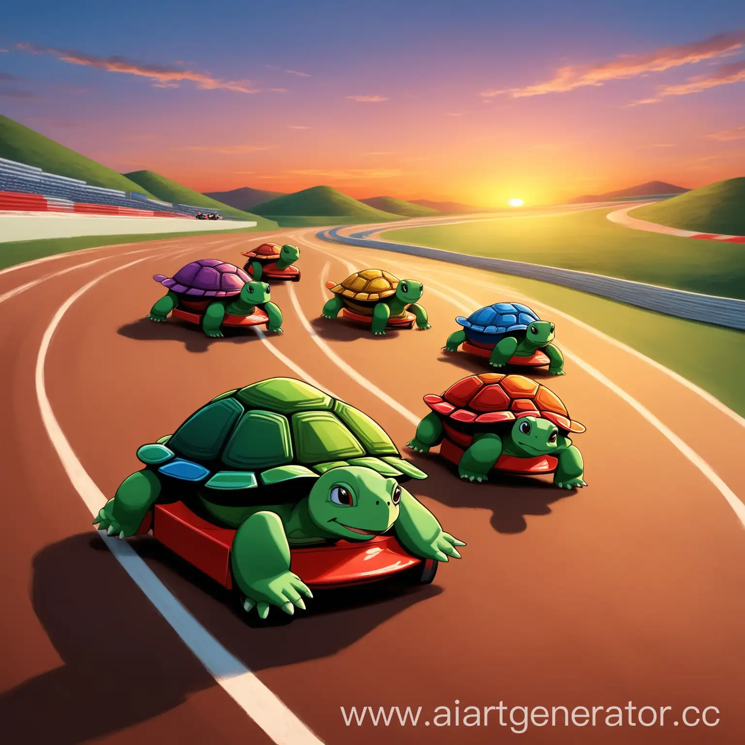 Race track on a hilly area during sunset. Five turtles of different colors, looking like racing cars, prepare to race, spinning their legs like wheels.