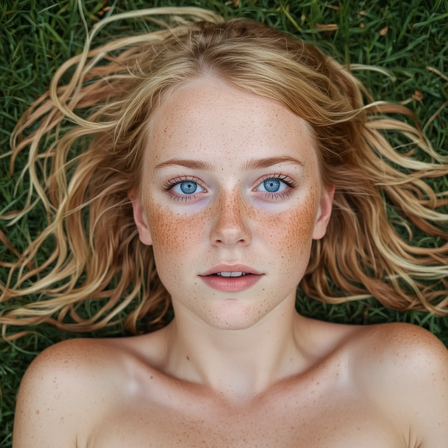 naked freckle face blonde blue-eyed girl laying on back in grass look of terror on her face