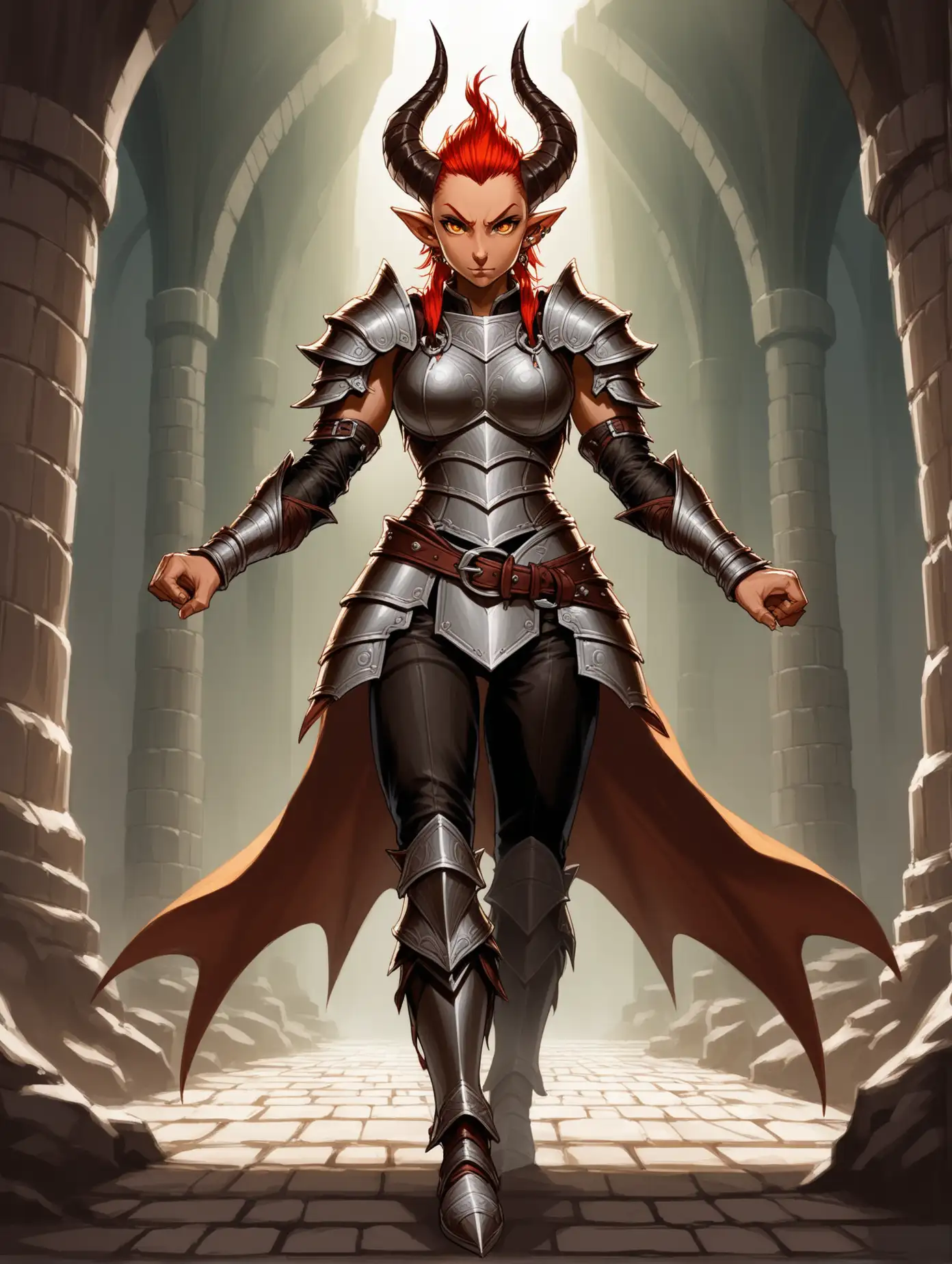 A painted illustration in the style of artwork from a Dungeons and Dragons 5th Edition Book: A grey skinned tiefling with a mohawk hair style with red tips, short grey straight horns extending up from her forehead, orange eyes. She is wearing armor and leather boots and black pants. She has piercings in her pointed ears and a Roman-esque regular nose.  Wide shot, able to see feet.  Normal hands.  She only has hair sticking up in the mohawk.  She does not have hair coming down towards her shoulders.  Dramatic lighting.  Large nose.  Regular eyes.  Not anime.  The horns are coming from the front of her forehead, not the sides of her head.  She is tough.  Her mohawk hair style is sticking UP.  She is muscular, is wearing armor.  Large nose, regular sized eyes.  NOT ANIME.  She has a devil tail. Action pose.