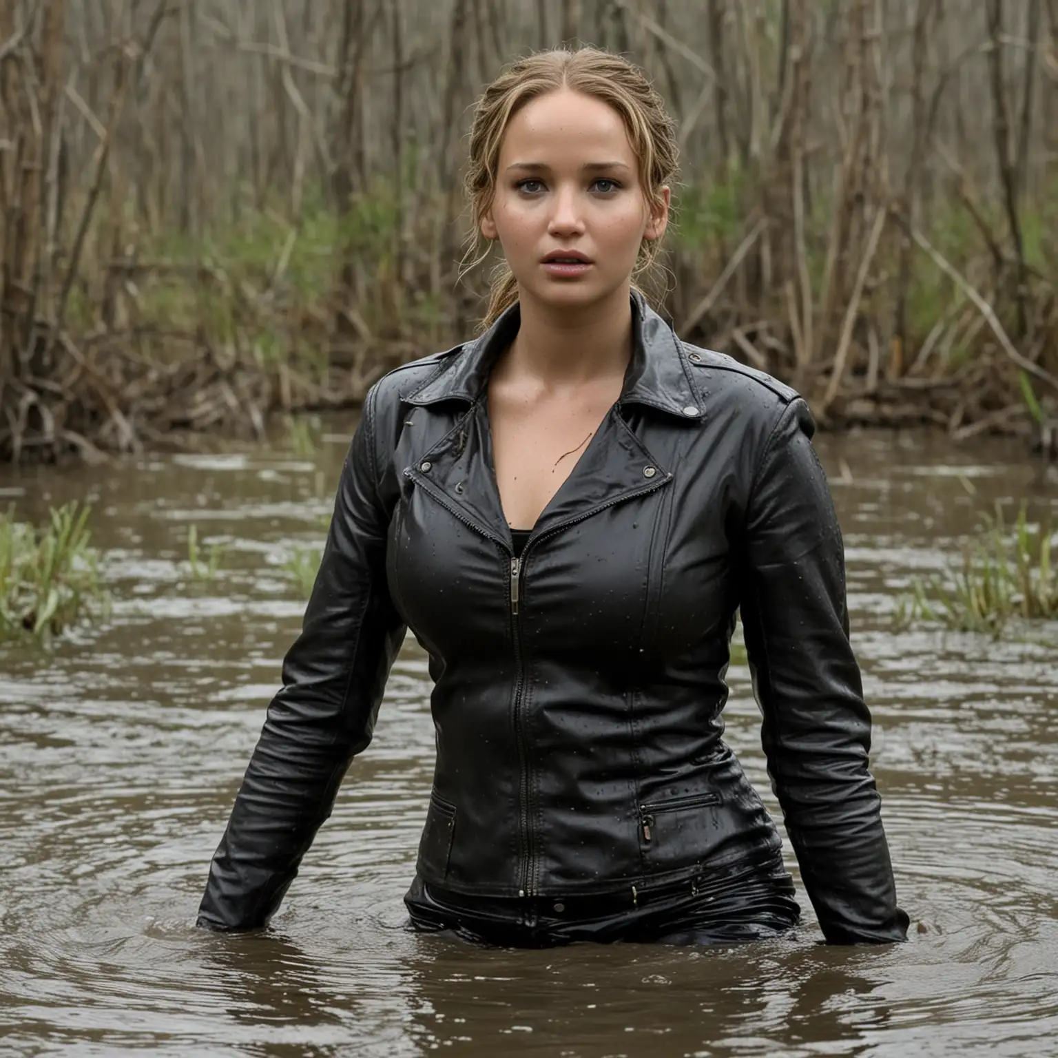 Jennifer Lawrence in leather drowning in swamp