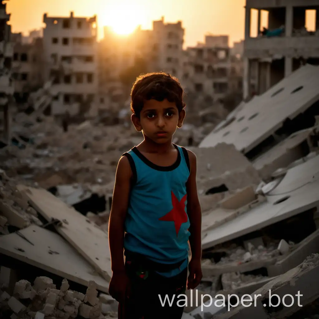 gaza war aftermath and a child among ruins under the setting sun