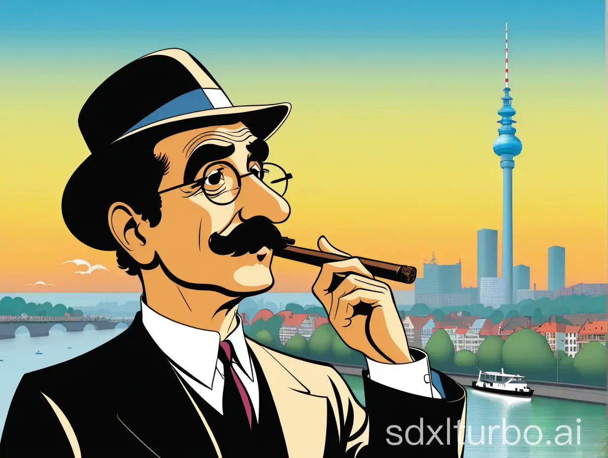groucho marx  eine Zigarre rauchend. im Hintergrund der Düsseldorfer Fernsehturm und der Rhein