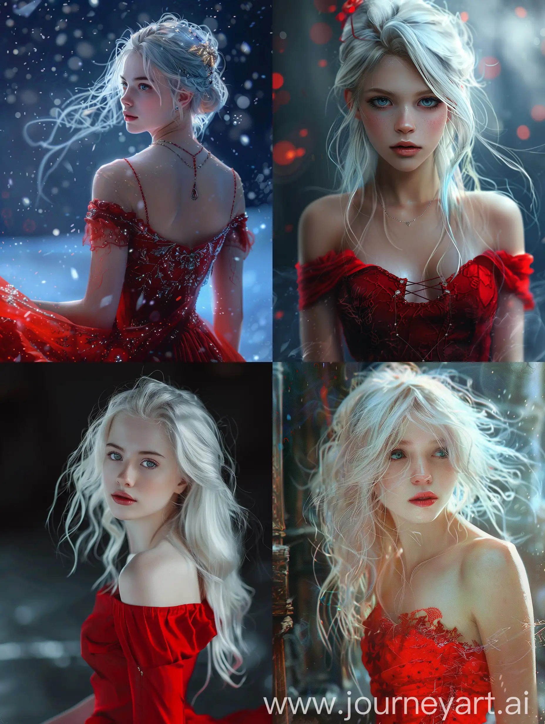 Девушка красивая, молодая лет 18, волосы белые, глаза голубые, одета в красное платье, на сцене крутом 