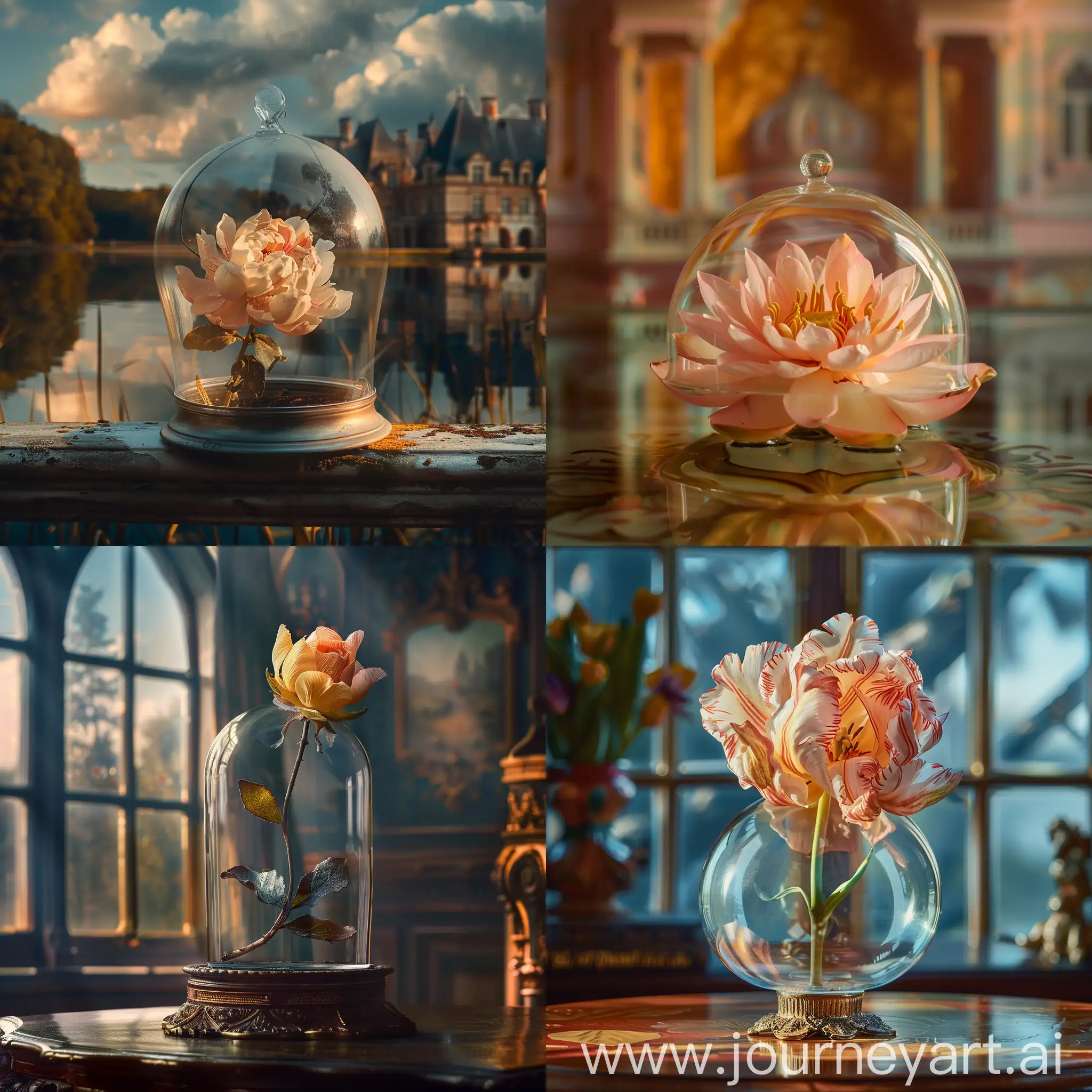 Real and very eye-catching photo of a very beautiful and attractive flower in a beautiful dome-shaped glass, matte background of a beautiful royal house, morning, masterpiece, beauty in every sense, professional photography, real, dreamy