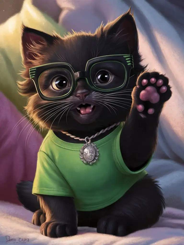 Милый серый котенок в больших очках с черной оправой и ярко зеленой рубашке с медальоном на шее,  котенок поднял правую лапу вверх, у котенка большие зеленые глаза.