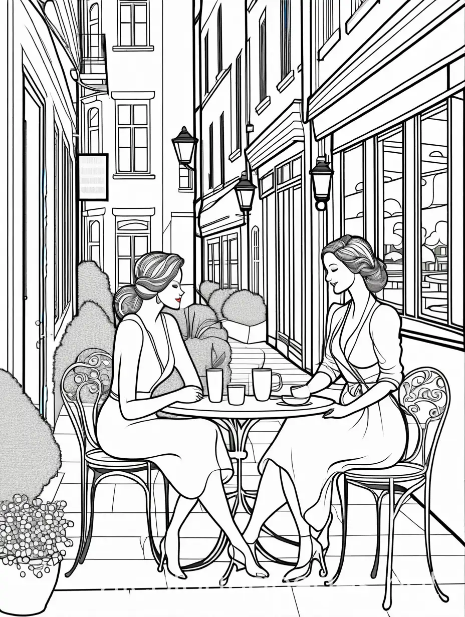 Depict a diva mother and her little daughter in Quiet cafes alley, where they have a dessert. in the cafe garden, blending elements of sophistication and glamour with the nurturing spirit of motherhood. , Coloring Page, black and white, line art, white background, Simplicity, Ample White Space. The background of the coloring page is plain white to make it easy for young children to color within the lines. The outlines of all the subjects are easy to distinguish, making it simple for kids to color without too much difficulty
