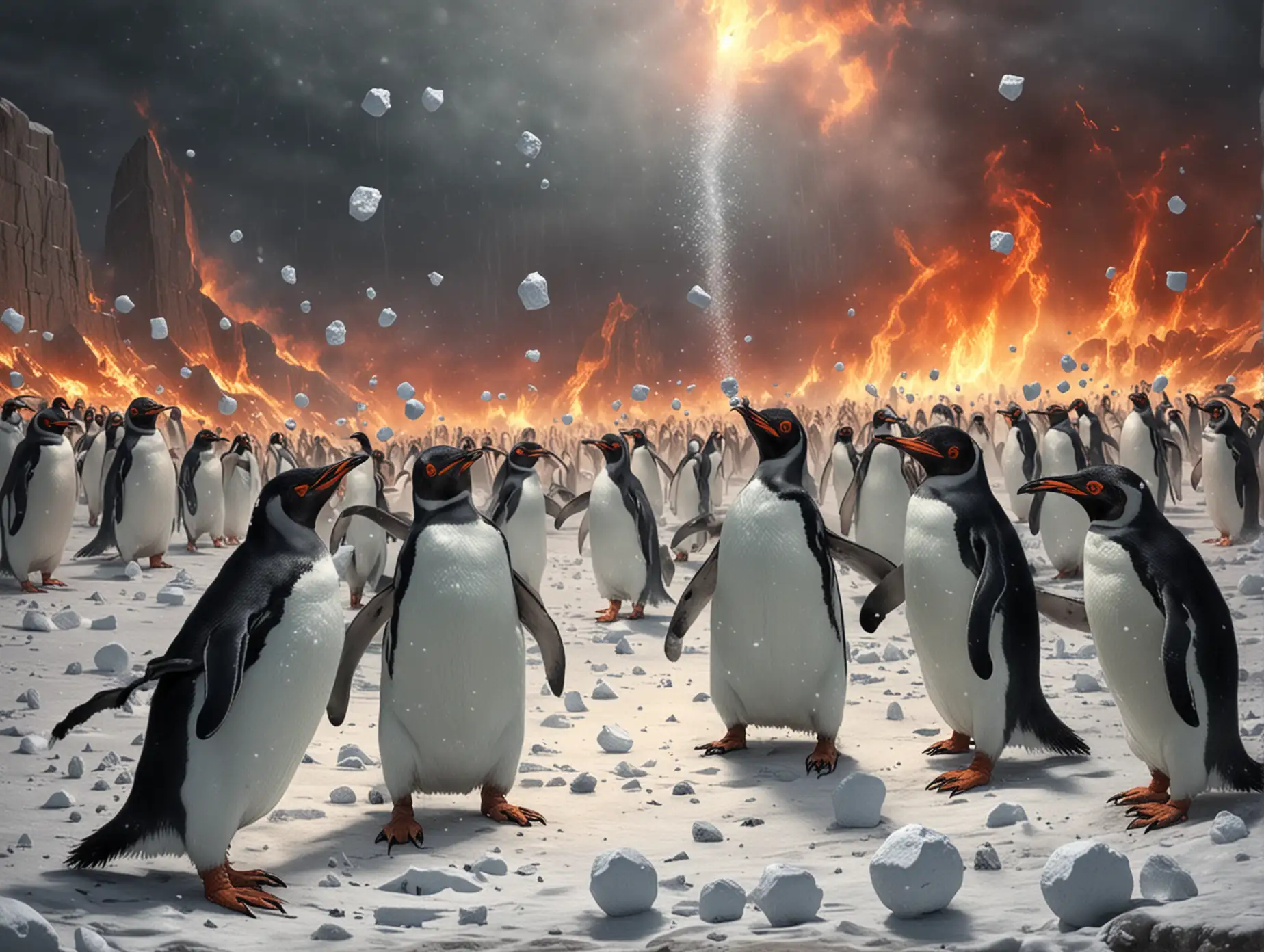 Penguins in Hell throwing snowballs at Satan