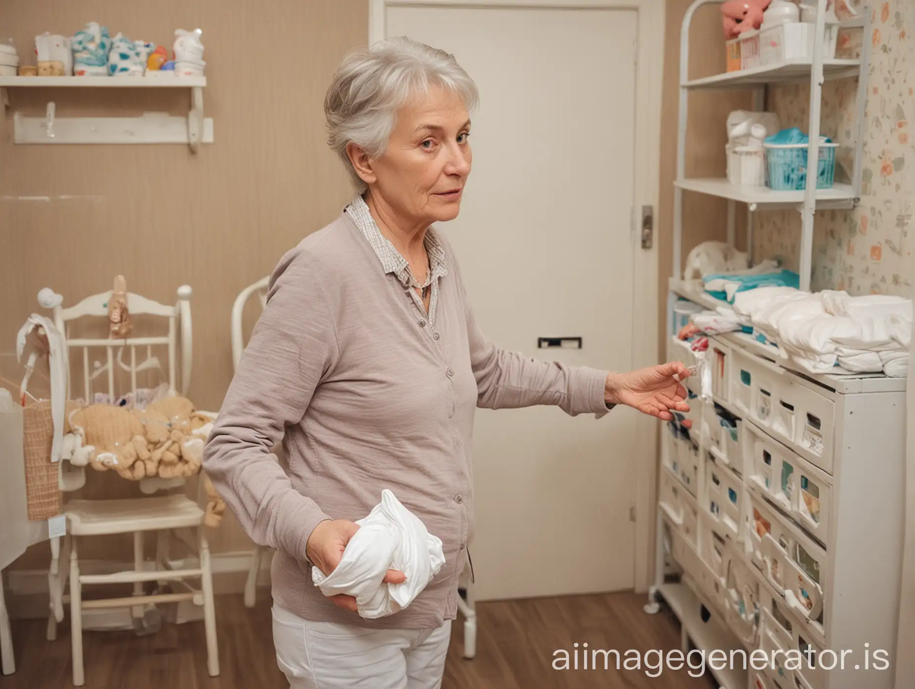 older woman with diapers in hand in changing nursery room