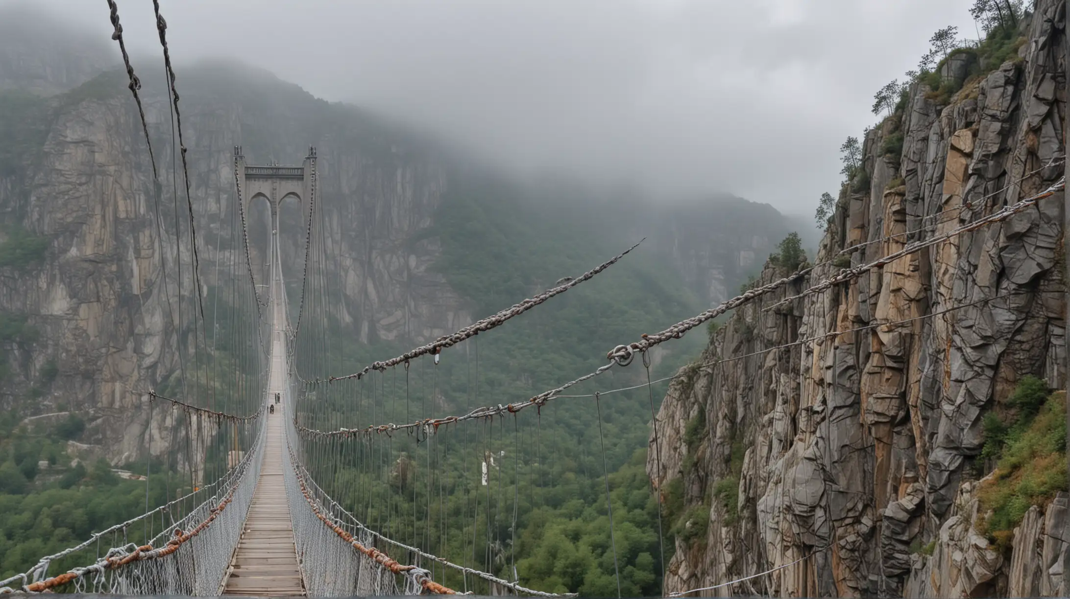 a suspension bridge over a wide mountain precipice, cloudy, distant view