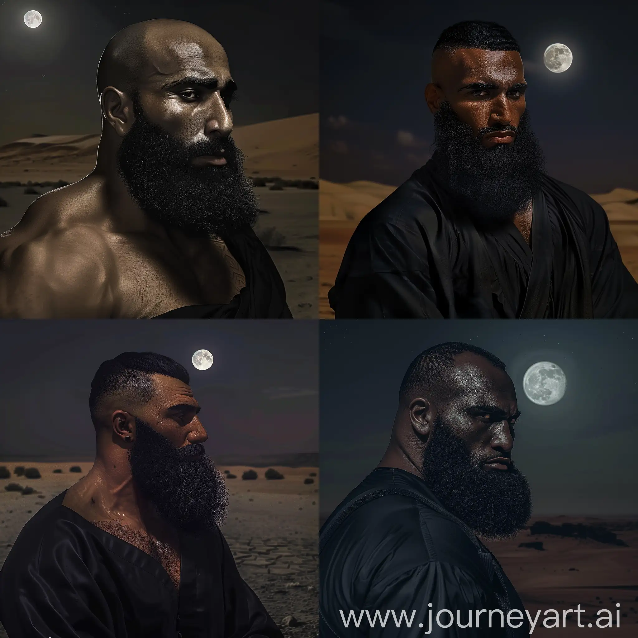 Strong-Bearded-Man-in-Black-Kufiya-Amidst-Desert-Night-with-Moon
